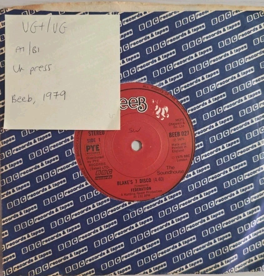 Federation Blake's 7 Disco Vinyl Record 7" VG+/VG BEEB027 1979 sleeve Federation Blake's 7 Disco Vinyl Record 7" VG+/VG BEEB027 1979 sleeve