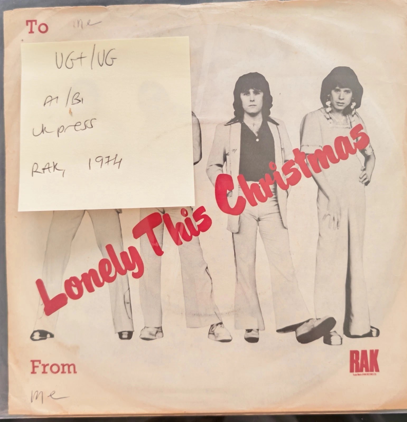 Mud Lonely This Christmas Vinyl Record 7" VG+/VG RAK 187 1974 sleeve Mud Lonely This Christmas Vinyl Record 7" VG+/VG RAK 187 1974 sleeve