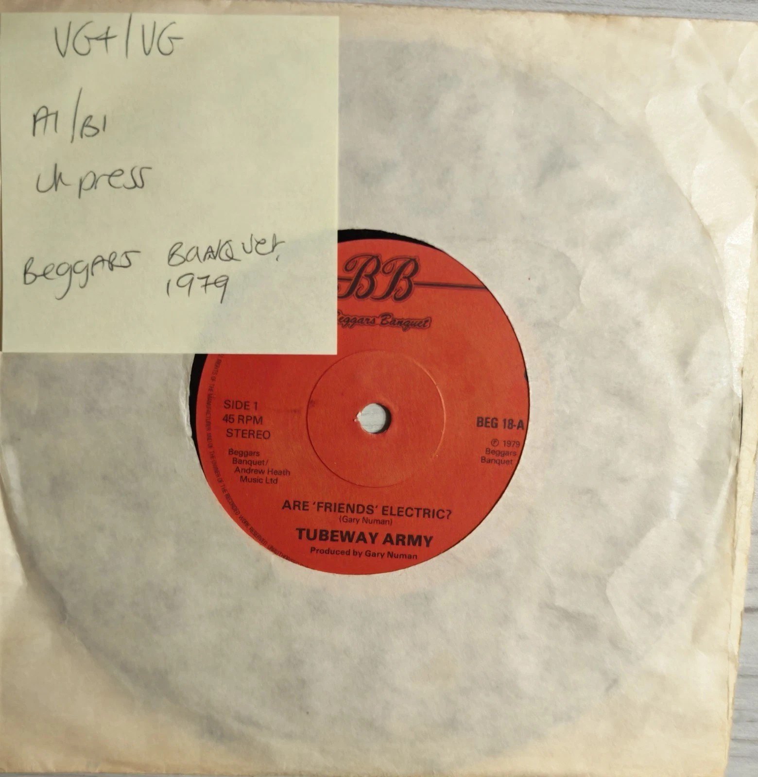 Tubeway Army Are Friends Electric? Vinyl Record 7" VG+/VG BEG 18 1979 sleeve Tubeway Army Are Friends Electric? Vinyl Record 7" VG+/VG BEG 18 1979 sleeve