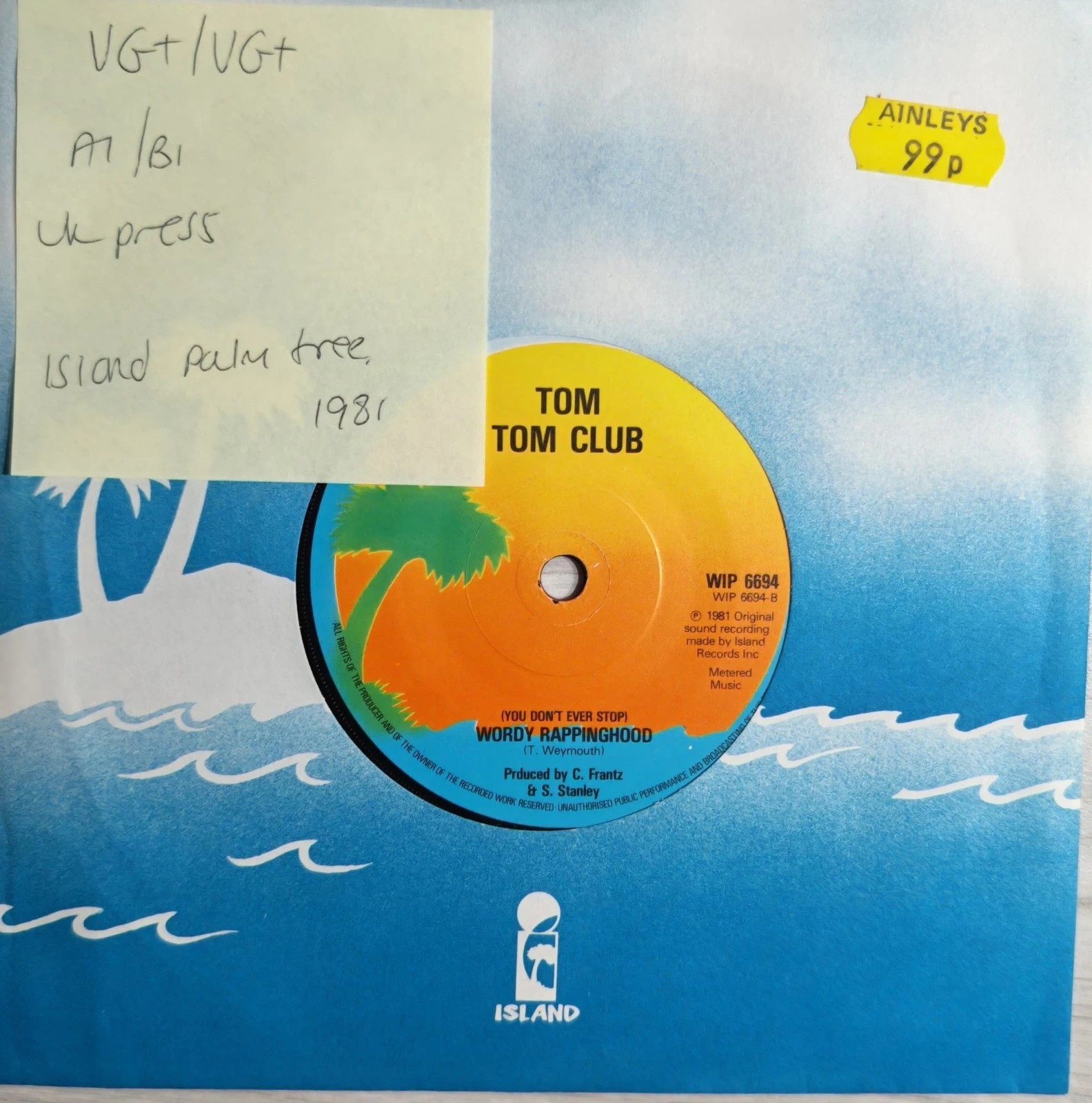 Tom Tom Club Wordy Rappinghood Vinyl Record 7" VG+/VG+ WIP6694 1981 vinyl record sleeve Tom Tom Club Wordy Rappinghood Vinyl Record 7" VG+/VG+ WIP6694 1981 vinyl record sleeve