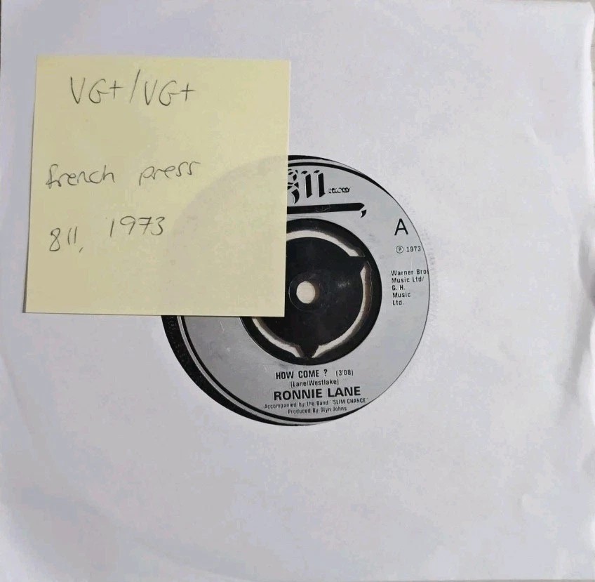 Ronnie Lane How Come? Vinyl Record 7" VG+/VG+ GMS011 1973 sleeve Ronnie Lane How Come? Vinyl Record 7" VG+/VG+ GMS011 1973 sleeve