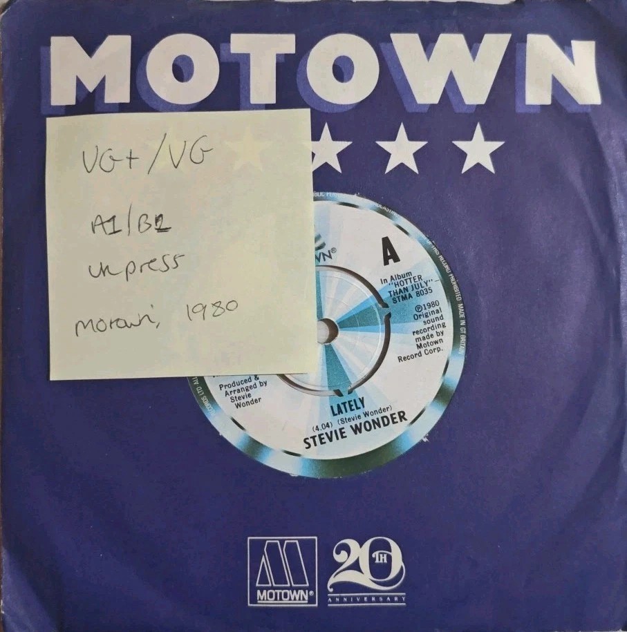 Stevie Wonder Lately Vinyl Record 7" VG+/VG 1980 sleeve Stevie Wonder Lately Vinyl Record 7" VG+/VG 1980 sleeve