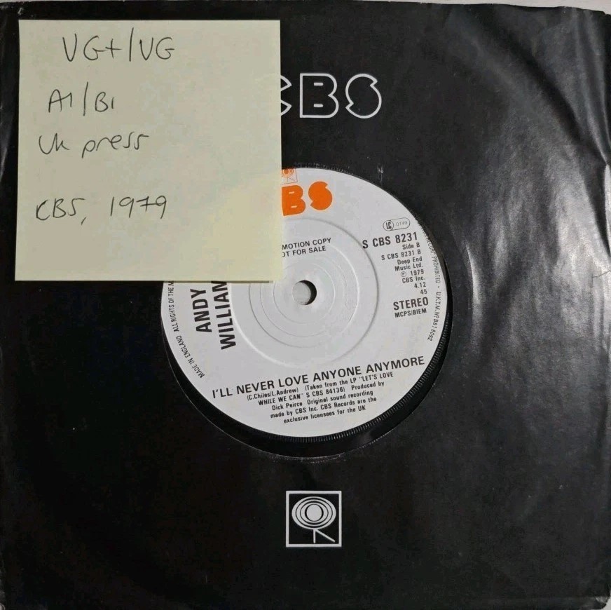 Andy Williams Love Andy Vinyl Record 7" VG+/VG CBS8231 1979 Promo sleeve Andy Williams Love Andy Vinyl Record 7" VG+/VG CBS8231 1979 Promo sleeve