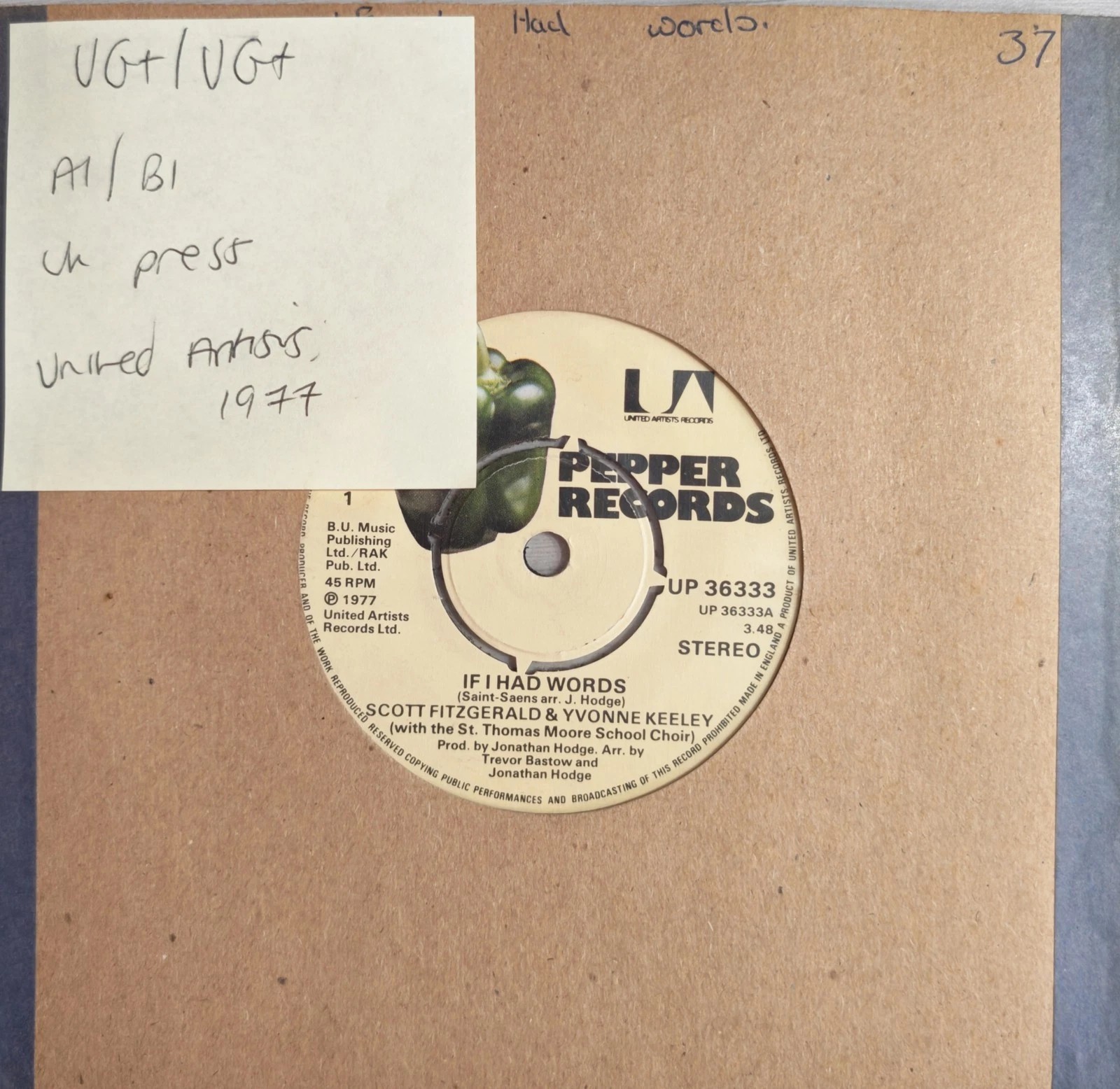 Scott Fitzgerald If I Had Words Vinyl Record 7" VG+/VG+ UP36333 1977 vinyl record sleeve Scott Fitzgerald If I Had Words Vinyl Record 7" VG+/VG+ UP36333 1977 vinyl record sleeve