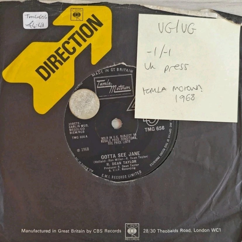 R. Dean Taylor Gotta See Jane Vinyl Record 7" VG/VG TMG 656 1968 sleeve R. Dean Taylor Gotta See Jane Vinyl Record 7" VG/VG TMG 656 1968 sleeve