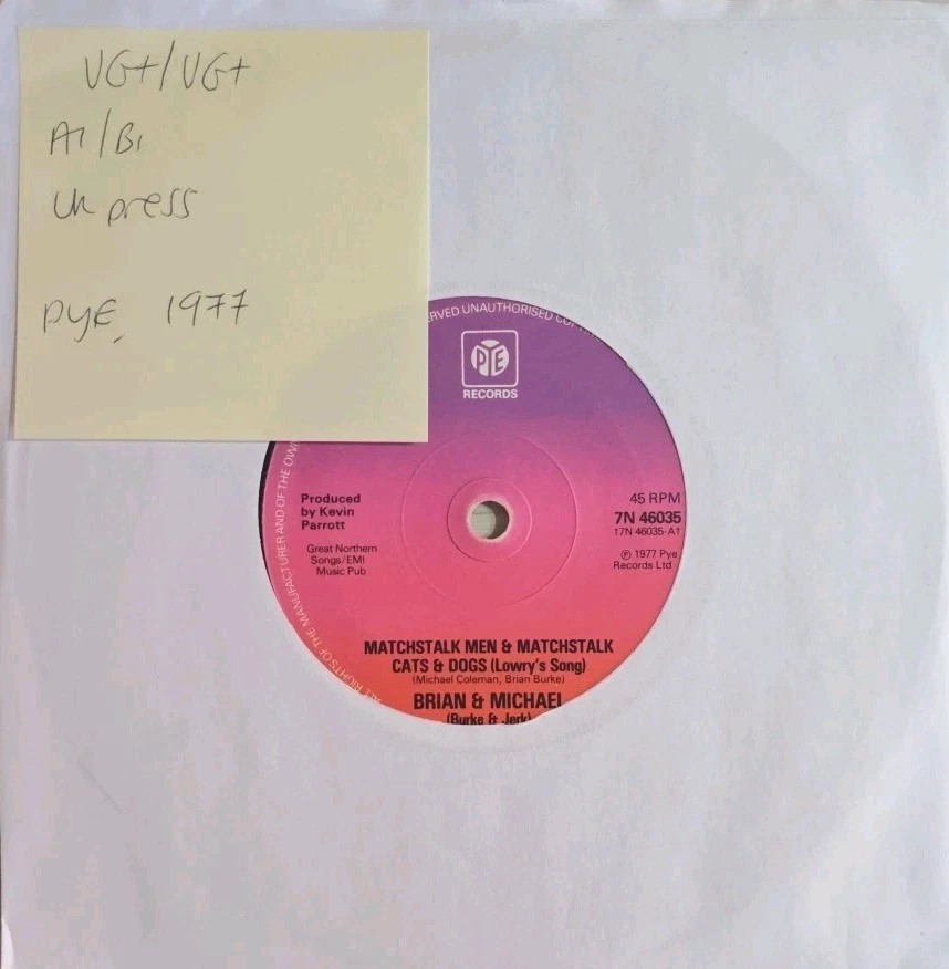 Brian & Michael Matchstalk Men Cats & Dogs Vinyl Record 7" VG+/VG+ 7N 46035 1977 sleeve Brian & Michael Matchstalk Men Cats & Dogs Vinyl Record 7" VG+/VG+ 7N 46035 1977 sleeve