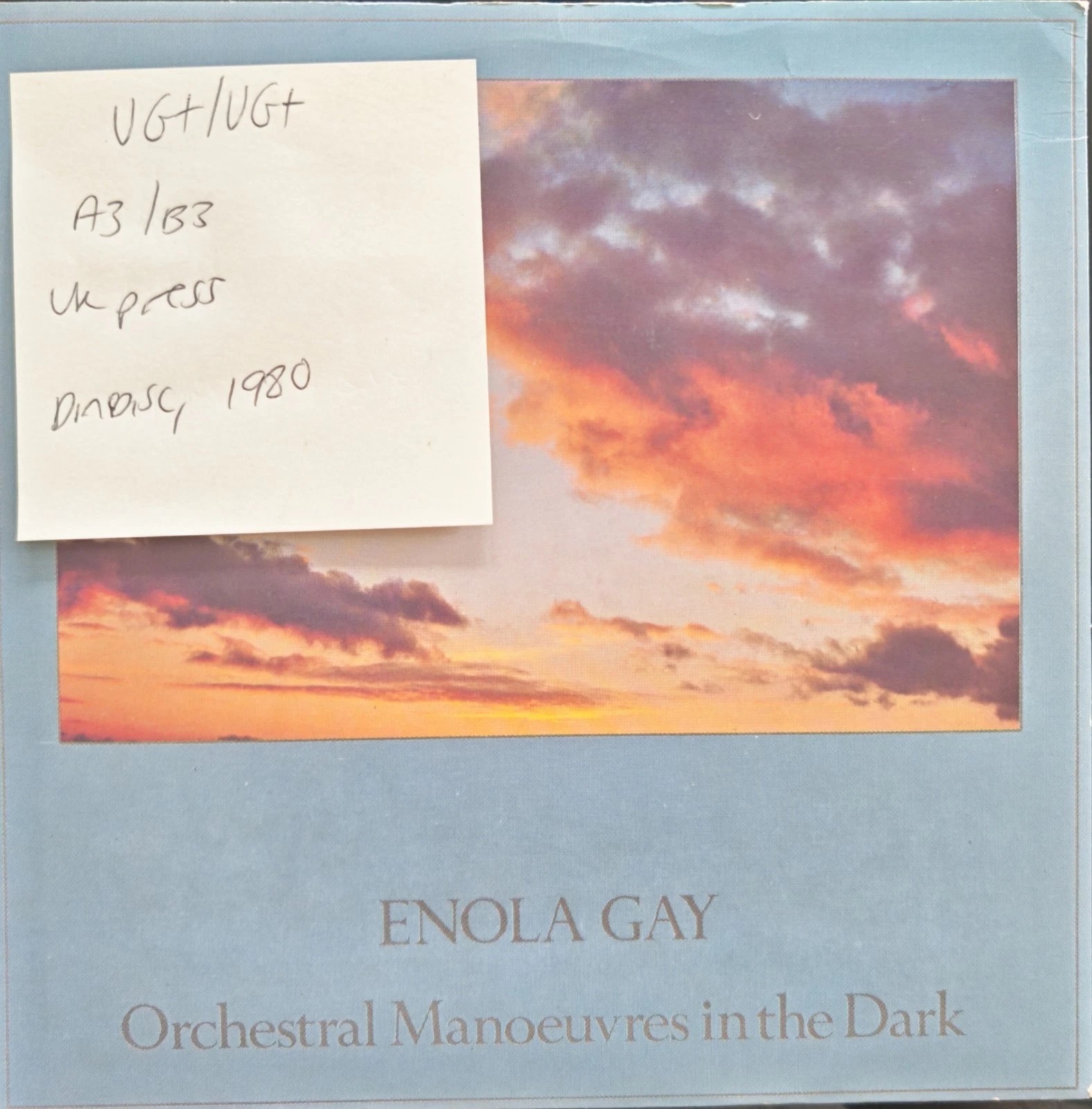 OMD Enola Gay Vinyl Record 7" VG+/VG+ DIN22 1980 sleeve OMD Enola Gay Vinyl Record 7" VG+/VG+ DIN22 1980 sleeve