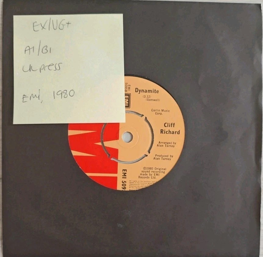 Cliff Richard Dynamite Vinyl Record 7" EX/VG+ EMI509 1980 sleeve Cliff Richard Dynamite Vinyl Record 7" EX/VG+ EMI509 1980 sleeve