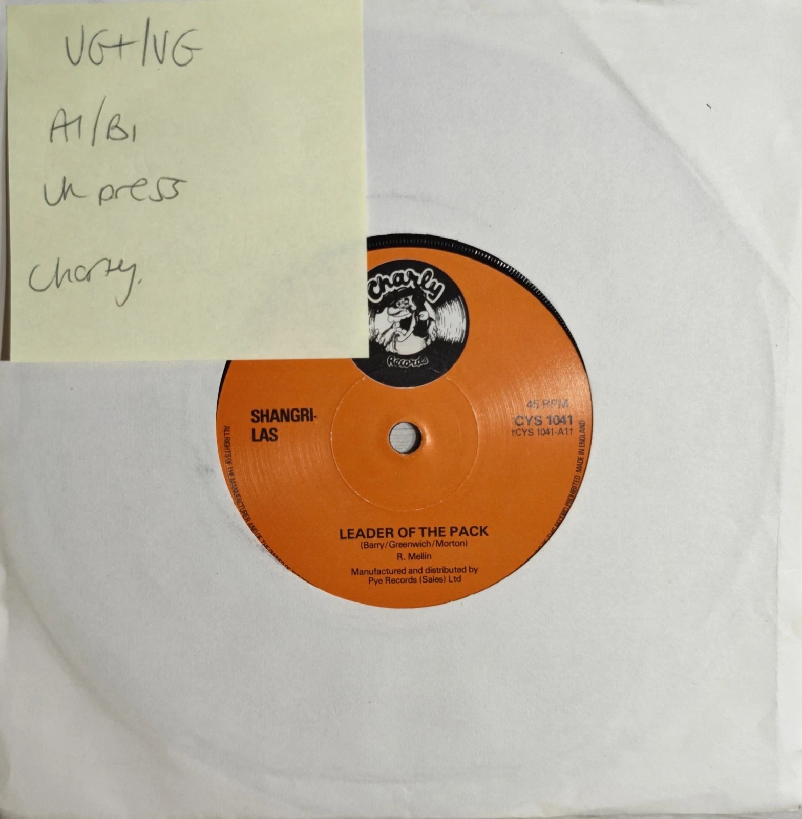 Shangri La's Leader Of The Pack Vinyl Record 7" VG+/VG CYS1041 1978 sleeve Shangri La's Leader Of The Pack Vinyl Record 7" VG+/VG CYS1041 1978 sleeve