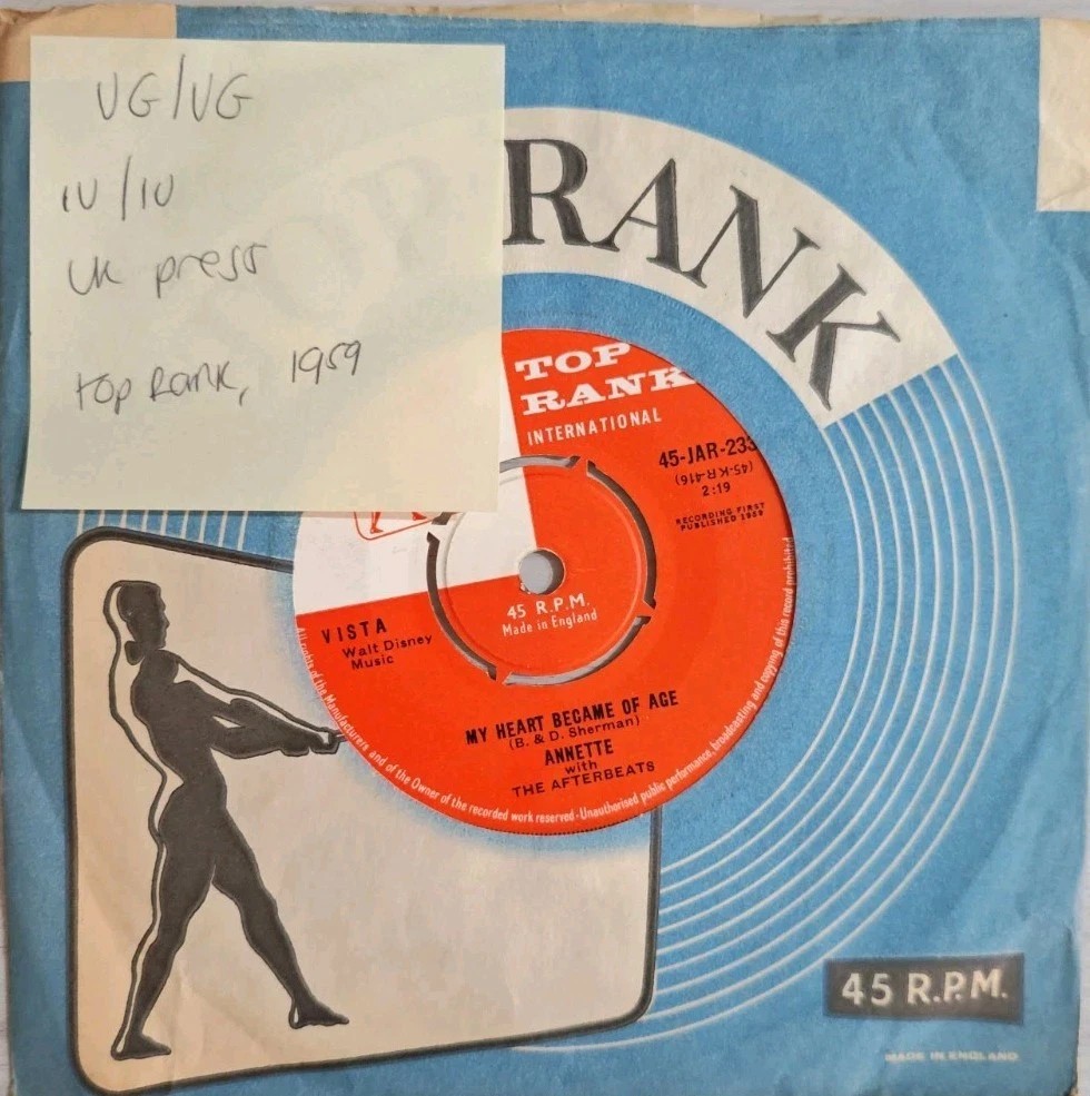 Annette & Afterbeats My Heart Became Of Age Vinyl Record 7" VG/VG JAR233 1959 sleeve Annette & Afterbeats My Heart Became Of Age Vinyl Record 7" VG/VG JAR233 1959 sleeve