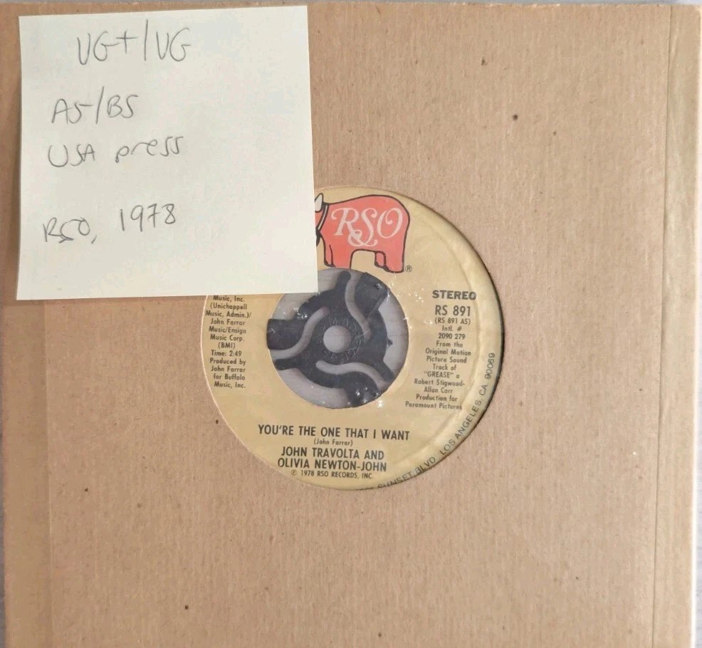 Grease Cast You're The One That I Want Vinyl Record 7" VG+/VG RS891 1978 sleeve Grease Cast You're The One That I Want Vinyl Record 7" VG+/VG RS891 1978 sleeve