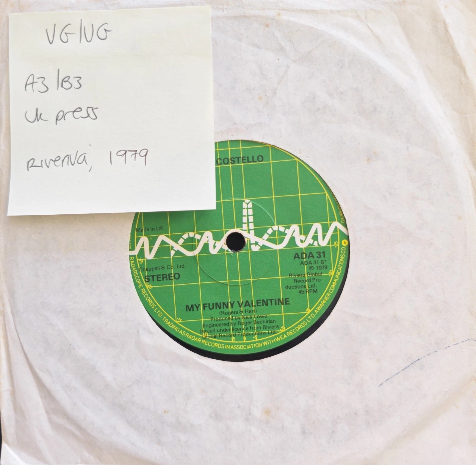 Elvis Costello Oliver's Army Vinyl Record 7" VG/VG ADA31 1979 sleeve Elvis Costello Oliver's Army Vinyl Record 7" VG/VG ADA31 1979 sleeve