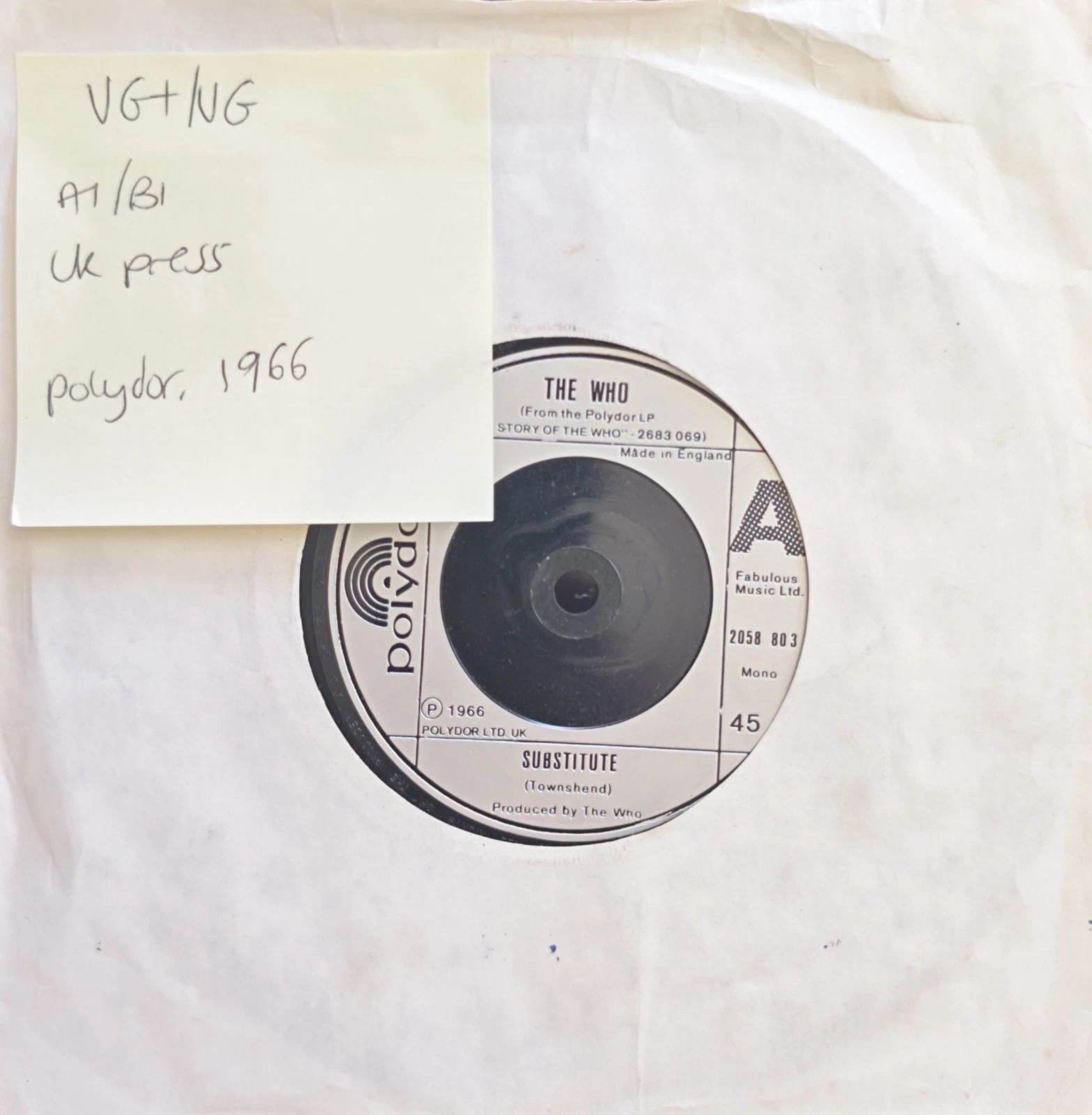 The Who Substitute Vinyl Record 7" VG+/VG 2058803 1966 vinyl record sleeve The Who Substitute Vinyl Record 7" VG+/VG 2058803 1966 vinyl record sleeve