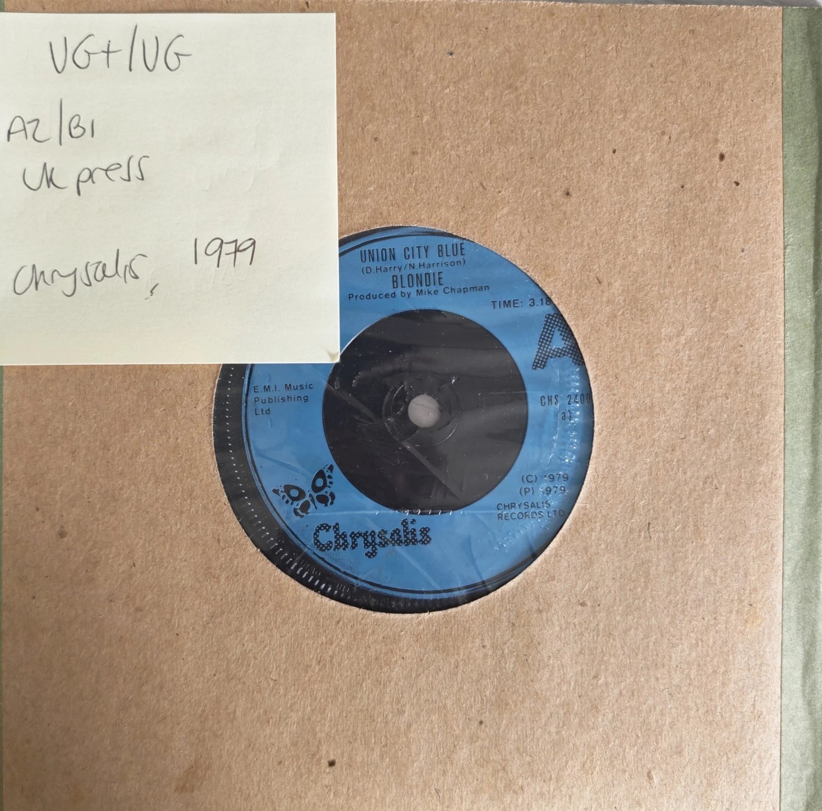 Blondie Union City Blue Vinyl Record 7" VG+/VG CHS 2400 1980 sleeve Blondie Union City Blue Vinyl Record 7" VG+/VG CHS 2400 1980 sleeve