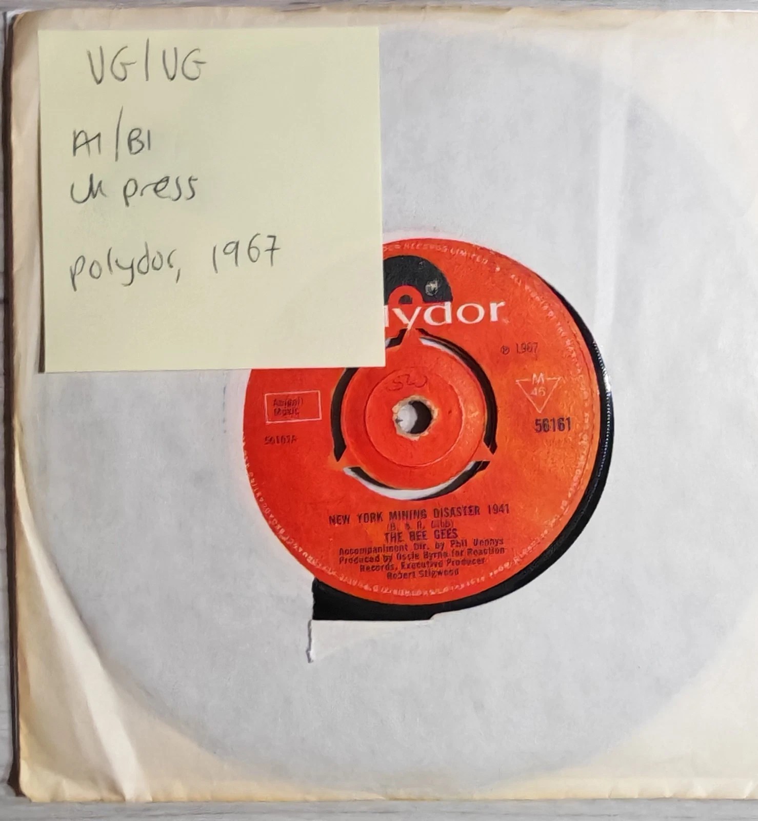 Bee Gees New York Mining Disaster Vinyl Record 7" VG/VG 56161 1967 vinyl record sleeve Bee Gees New York Mining Disaster Vinyl Record 7" VG/VG 56161 1967 vinyl record sleeve