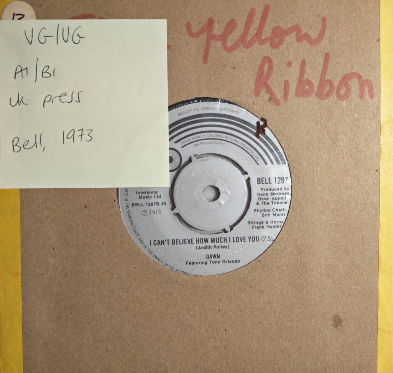 Dawn Tie A Yellow Ribbon Vinyl Record 7" VG/VG BELL 1287 1973 sleeve Dawn Tie A Yellow Ribbon Vinyl Record 7" VG/VG BELL 1287 1973 sleeve