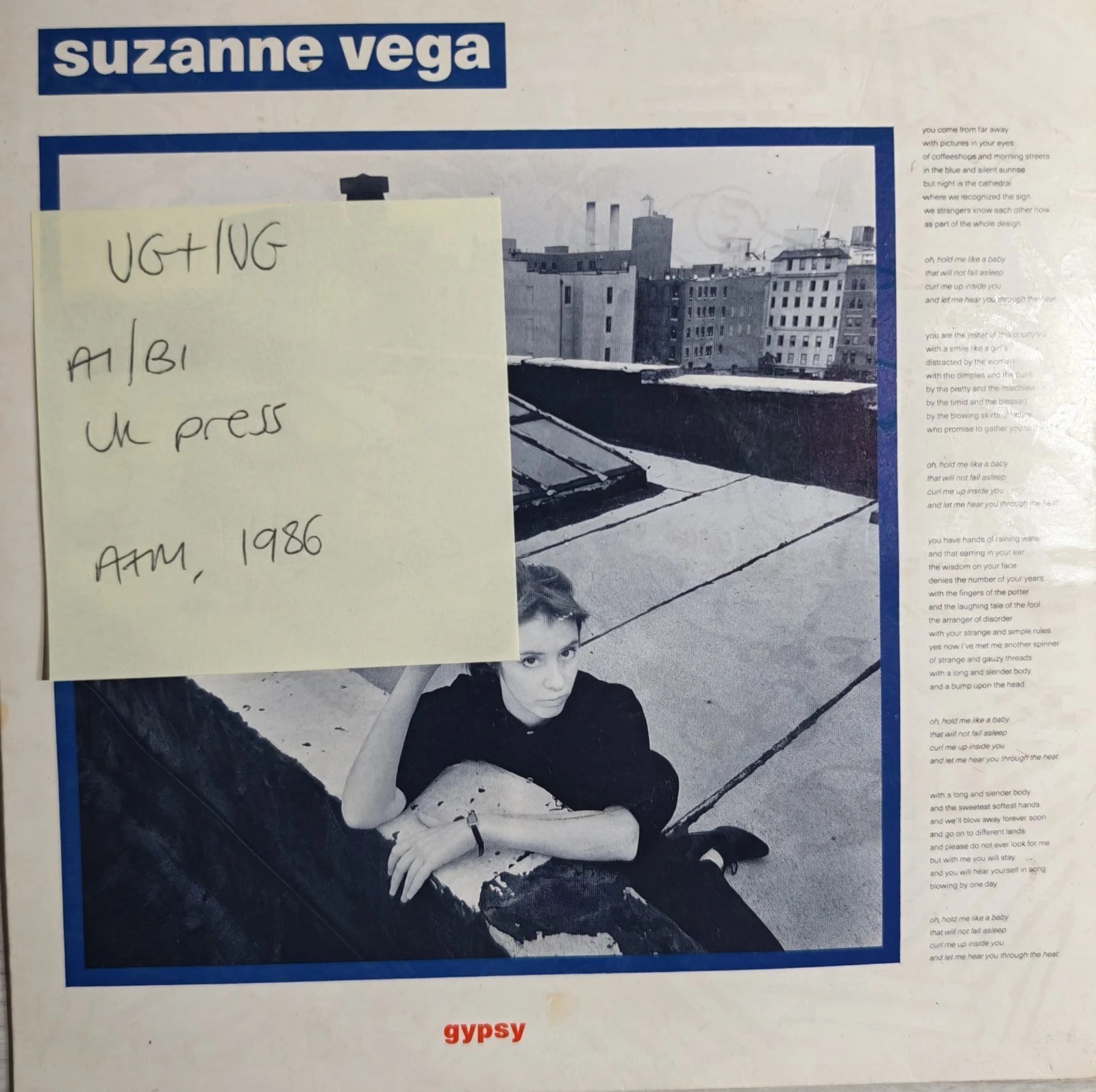 Suzanne Vega Gypsy Vinyl Record 7" VG+/VG AM349 1986 sleeve Suzanne Vega Gypsy Vinyl Record 7" VG+/VG AM349 1986 sleeve