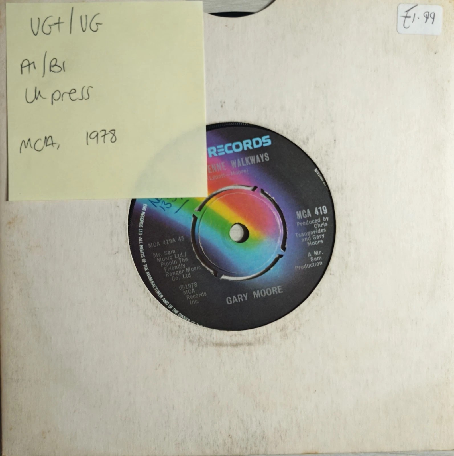 Gary Moore Parisienne Walkways/Fanatical Fascists Vinyl Record 7" VG+/VG MCA 419 vinyl record sleeve Gary Moore Parisienne Walkways/Fanatical Fascists Vinyl Record 7" VG+/VG MCA 419 vinyl record sleeve