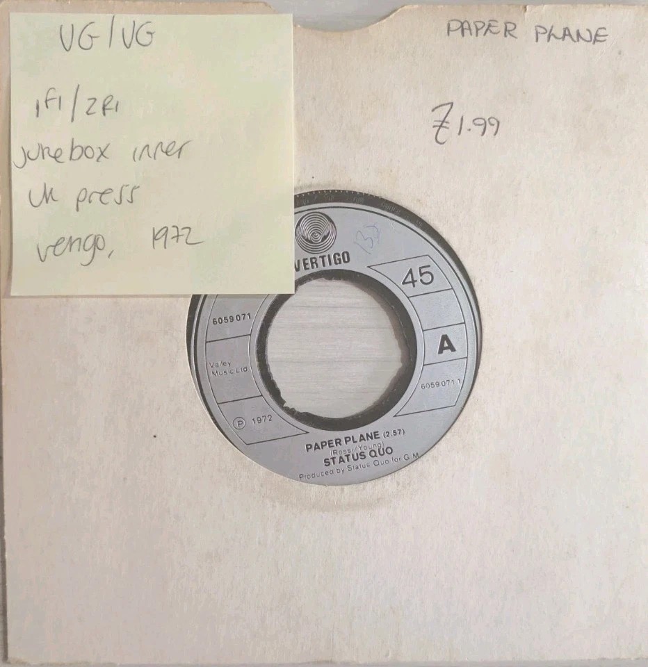 Status Quo Paper Plane Vinyl Record 7" VG/VG 6059071 1972 sleeve Status Quo Paper Plane Vinyl Record 7" VG/VG 6059071 1972 sleeve