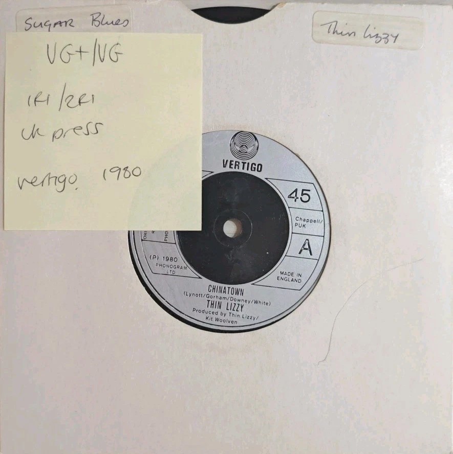 Thin Lizzy Chinatown / Sugar Blues Vinyl Record 7" VG+/VG LIZZY6 1980 sleeve Thin Lizzy Chinatown / Sugar Blues Vinyl Record 7" VG+/VG LIZZY6 1980 sleeve