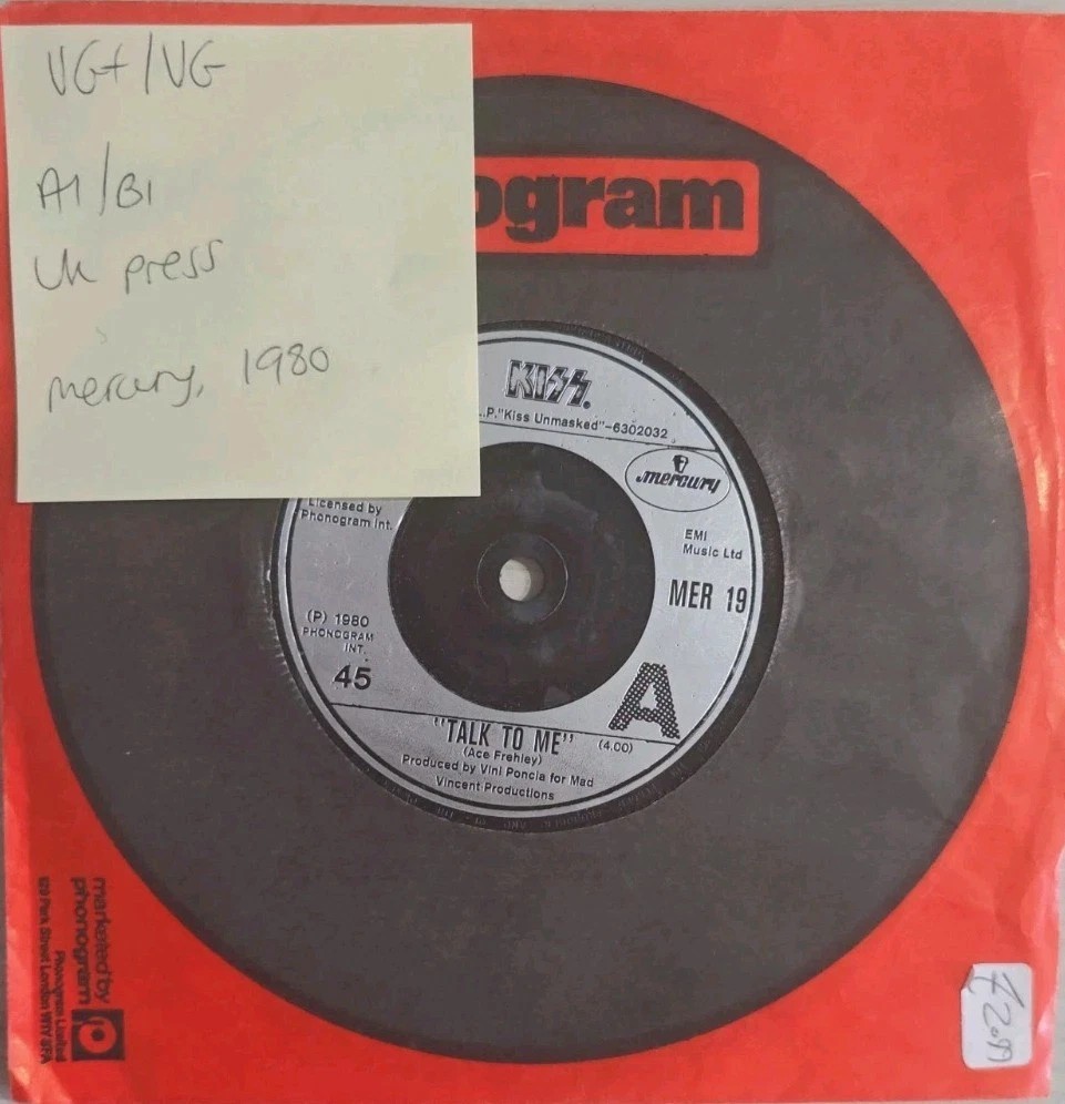 Kiss Talk To Me Vinyl Record 7" VG+/VG MER19 1980 sleeve Kiss Talk To Me Vinyl Record 7" VG+/VG MER19 1980 sleeve