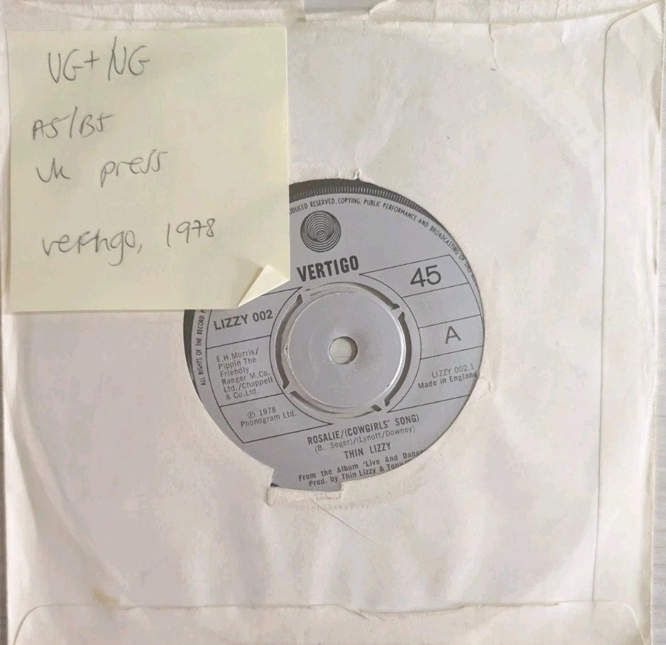 Thin Lizzy Rosalie/ (Cowgirls' Song) Vinyl Record 7" VG+/VG LIZZY002 1978 vinyl record sleeve Thin Lizzy Rosalie/ (Cowgirls' Song) Vinyl Record 7" VG+/VG LIZZY002 1978 vinyl record sleeve