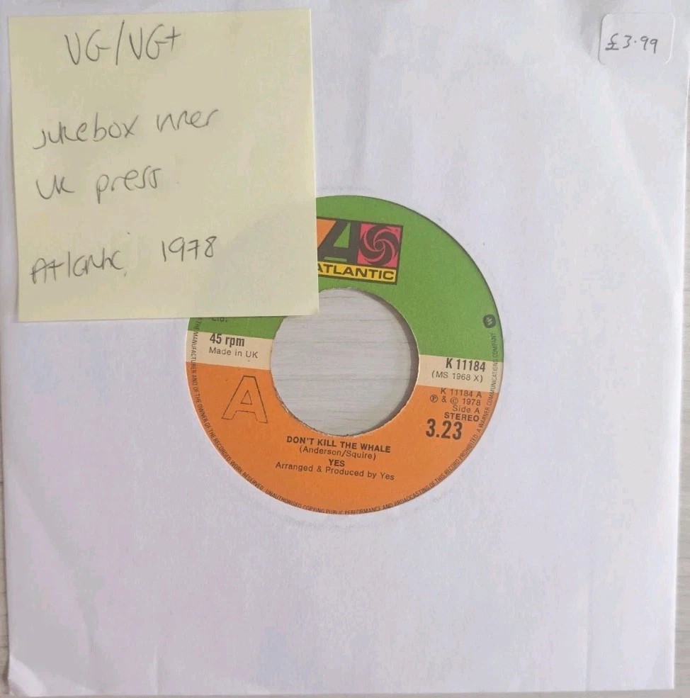 Yes Don't Kill The Whale Vinyl Record 7" VG/VG+ K 11184 1978 sleeve Yes Don't Kill The Whale Vinyl Record 7" VG/VG+ K 11184 1978 sleeve