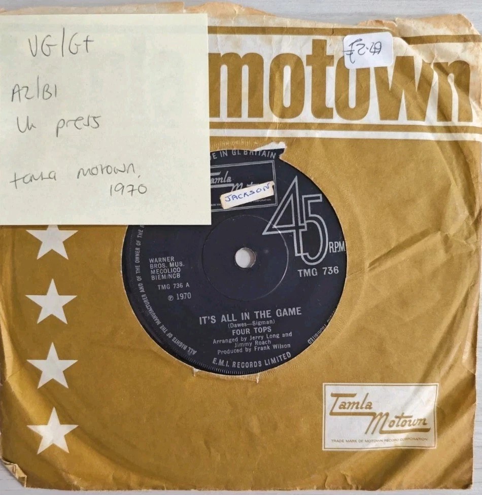 Four Tops It's All In The Game Vinyl Record 7" VG/G+ TMG 736 1970 vinyl record sleeve Four Tops It's All In The Game Vinyl Record 7" VG/G+ TMG 736 1970 vinyl record sleeve