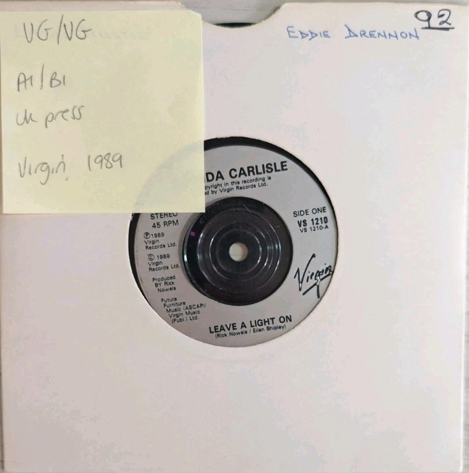Belinda Carlisle Leave a Light On Vinyl Record 7" VG/VG VS1210 1989 sleeve Belinda Carlisle Leave a Light On Vinyl Record 7" VG/VG VS1210 1989 sleeve