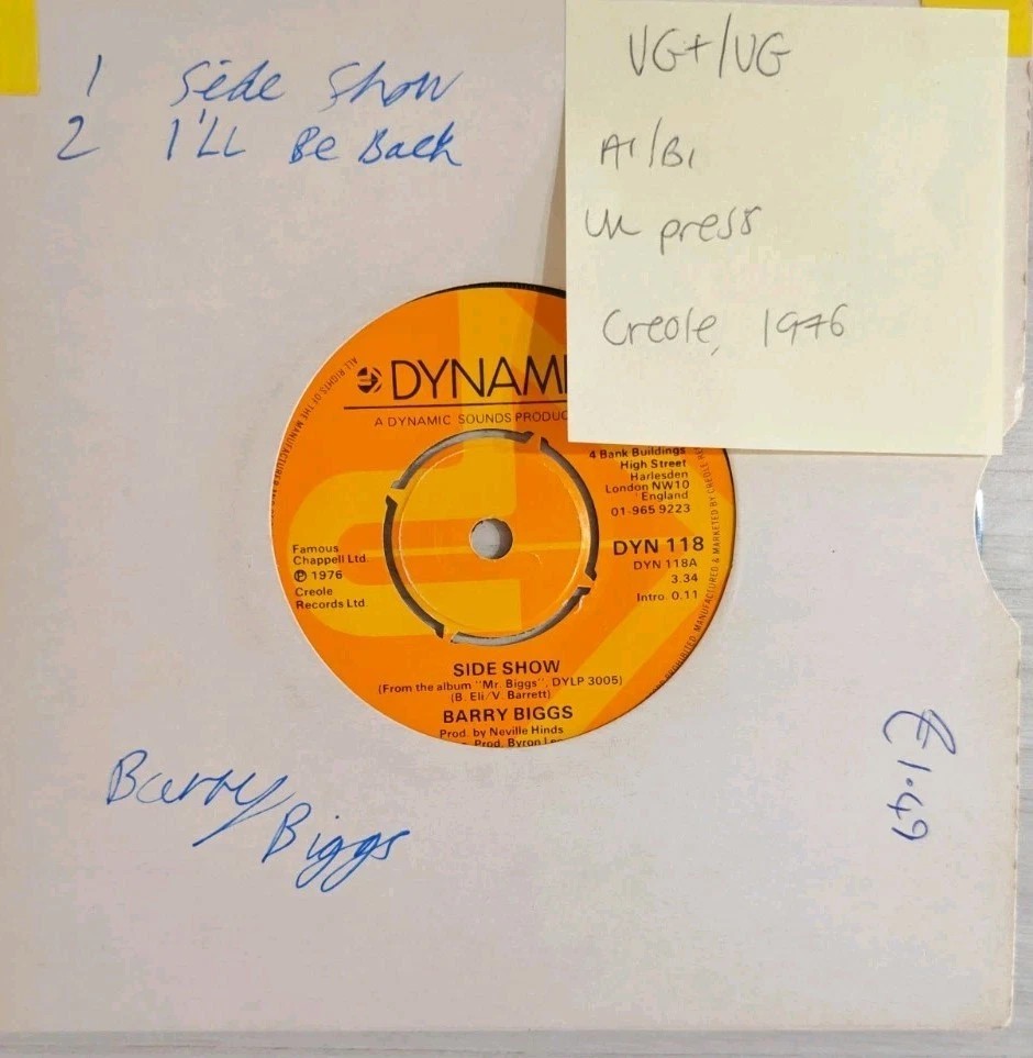 Barry Biggs Side Show / I'll Be Back Vinyl Record 7" VG+/VG DYN 118 1976 sleeve Barry Biggs Side Show / I'll Be Back Vinyl Record 7" VG+/VG DYN 118 1976 sleeve