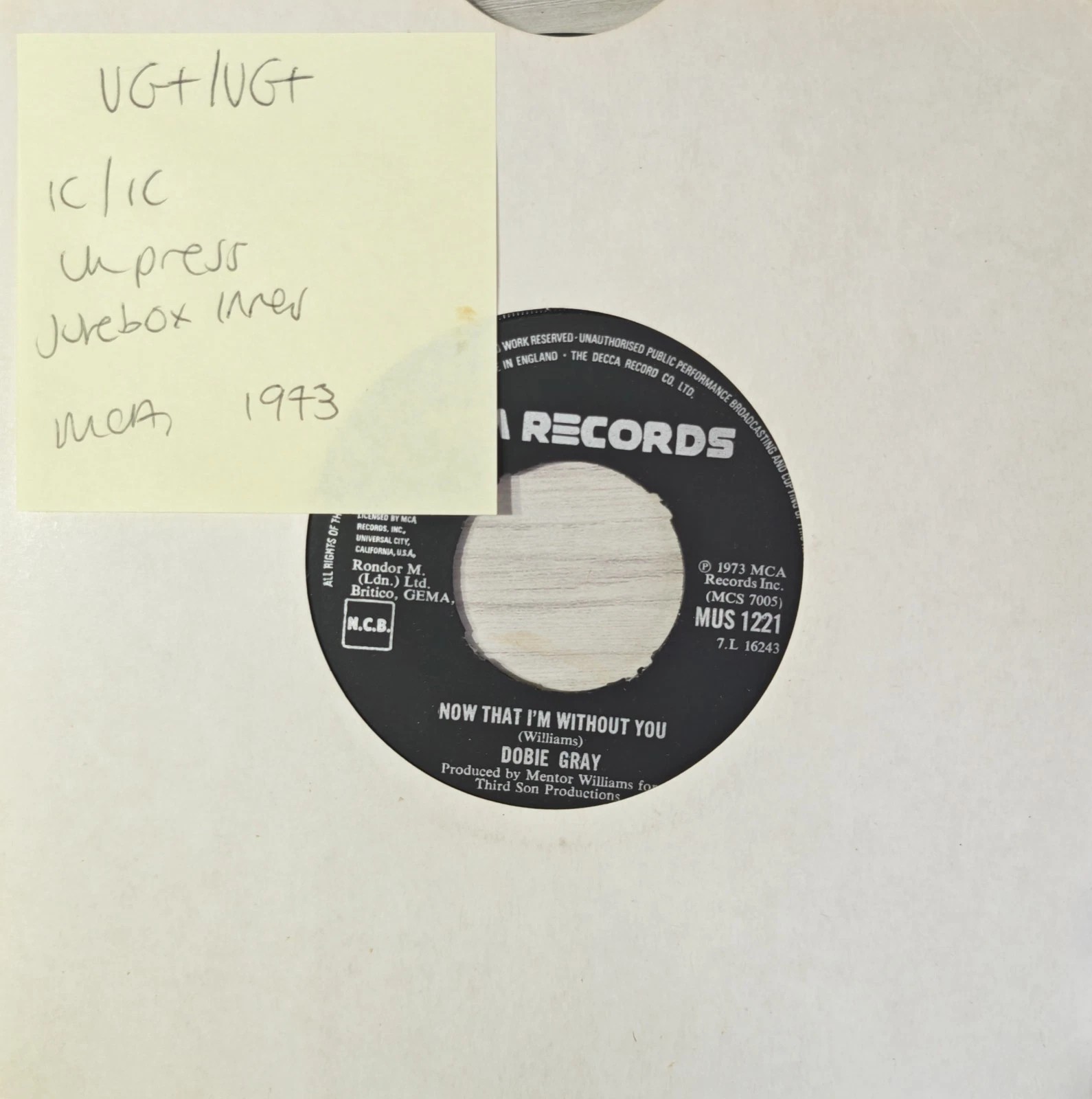 Dobie Gray Loving Arms / Now That I'm Without You Vinyl Record 7" VG+ MUS 1221 vinyl record sleeve Dobie Gray Loving Arms / Now That I'm Without You Vinyl Record 7" VG+ MUS 1221 vinyl record sleeve