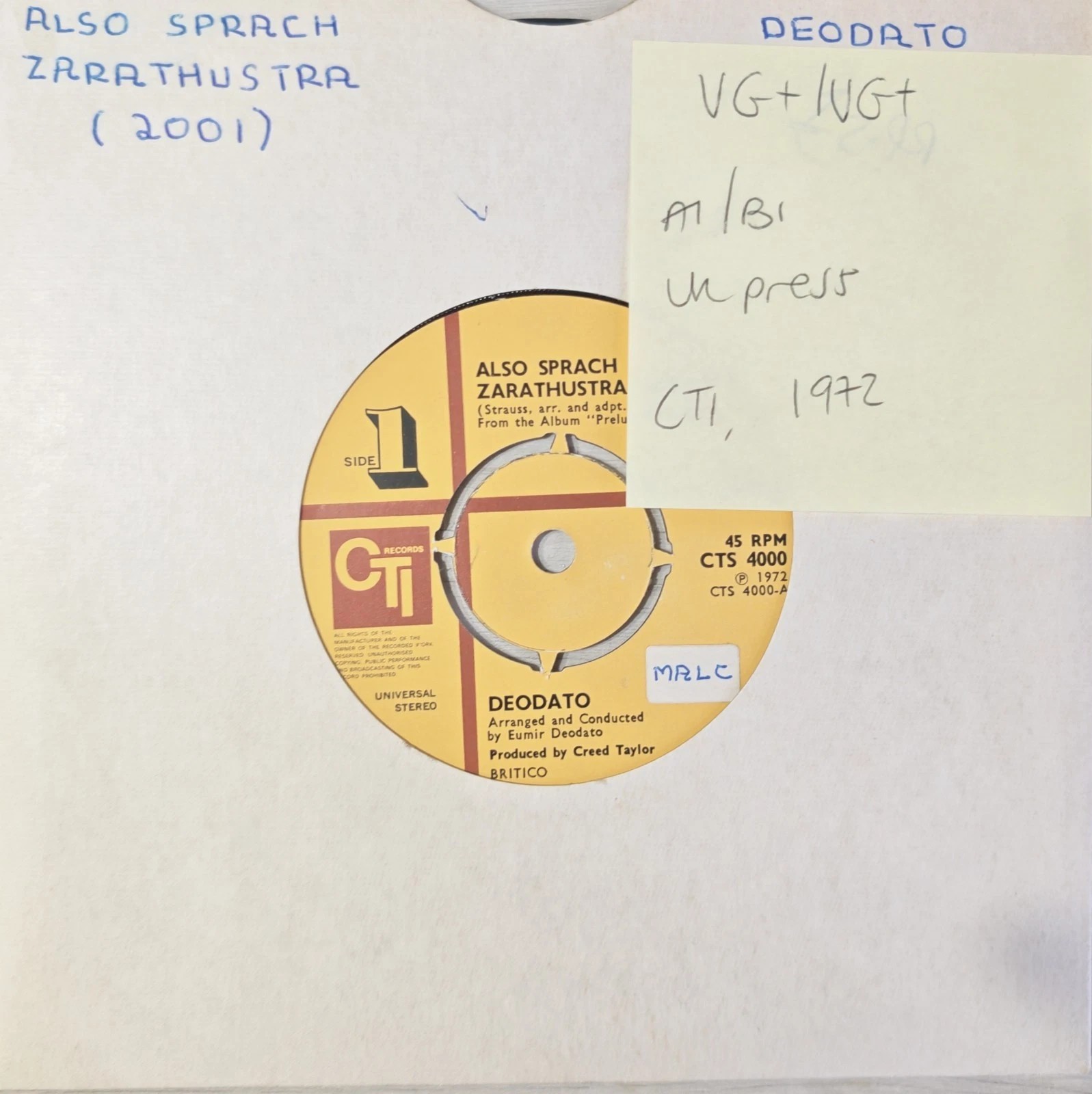 Deodato Also Sprach Zarathustra Vinyl Record 7" VG+/VG+ CTS 4000 sleeve Deodato Also Sprach Zarathustra Vinyl Record 7" VG+/VG+ CTS 4000 sleeve