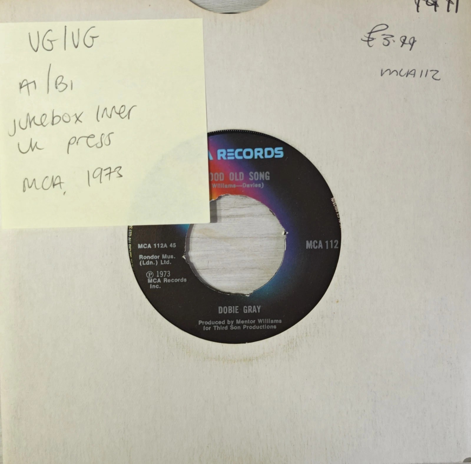 Dobie Gray Good Old Song Vinyl Record 7" VG/VG MCA112 1973 vinyl record sleeve Dobie Gray Good Old Song Vinyl Record 7" VG/VG MCA112 1973 vinyl record sleeve