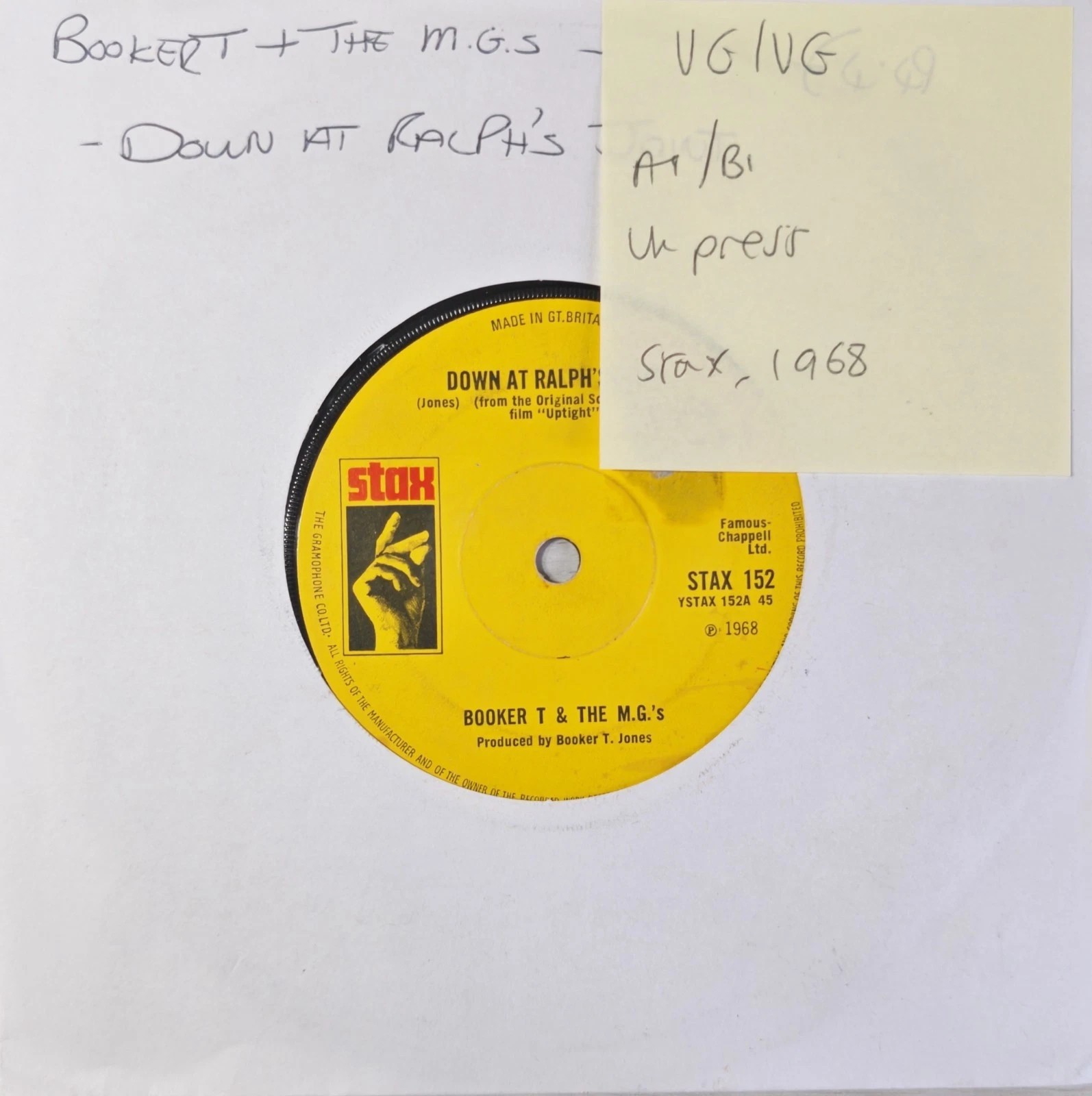 Booker T & The M.G.'s Down At Ralph's Joint Vinyl Record 7" VG/VG STAX 152 1970 sleeve Booker T & The M.G.'s Down At Ralph's Joint Vinyl Record 7" VG/VG STAX 152 1970 sleeve