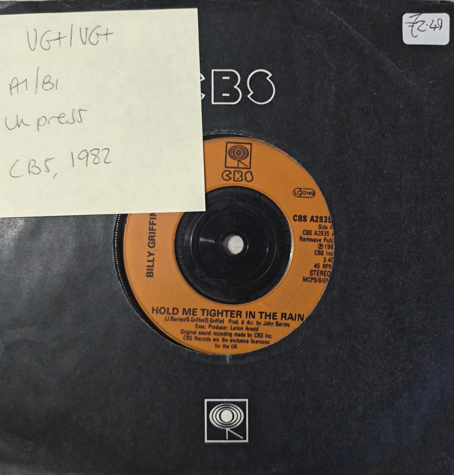 Billy Griffin Hold Me Tighter In The Rain Vinyl Record 7" VG+/VG+ CBS A2935 1982 sleeve Billy Griffin Hold Me Tighter In The Rain Vinyl Record 7" VG+/VG+ CBS A2935 1982 sleeve