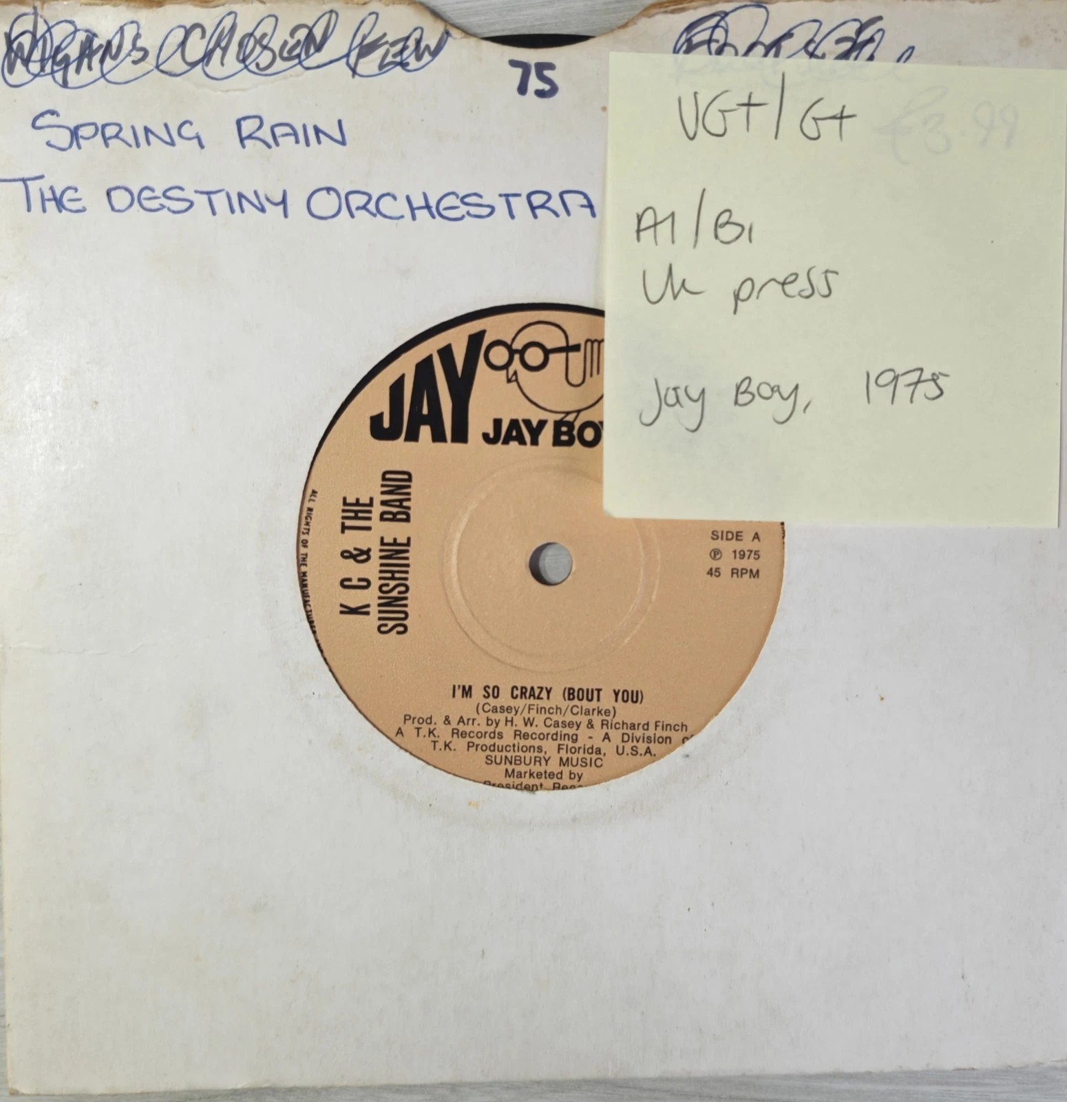 KC & The Sunshine Band I'm So Crazy Vinyl Record 7" VG+/G+ BOY101 1975 sleeve KC & The Sunshine Band I'm So Crazy Vinyl Record 7" VG+/G+ BOY101 1975 sleeve