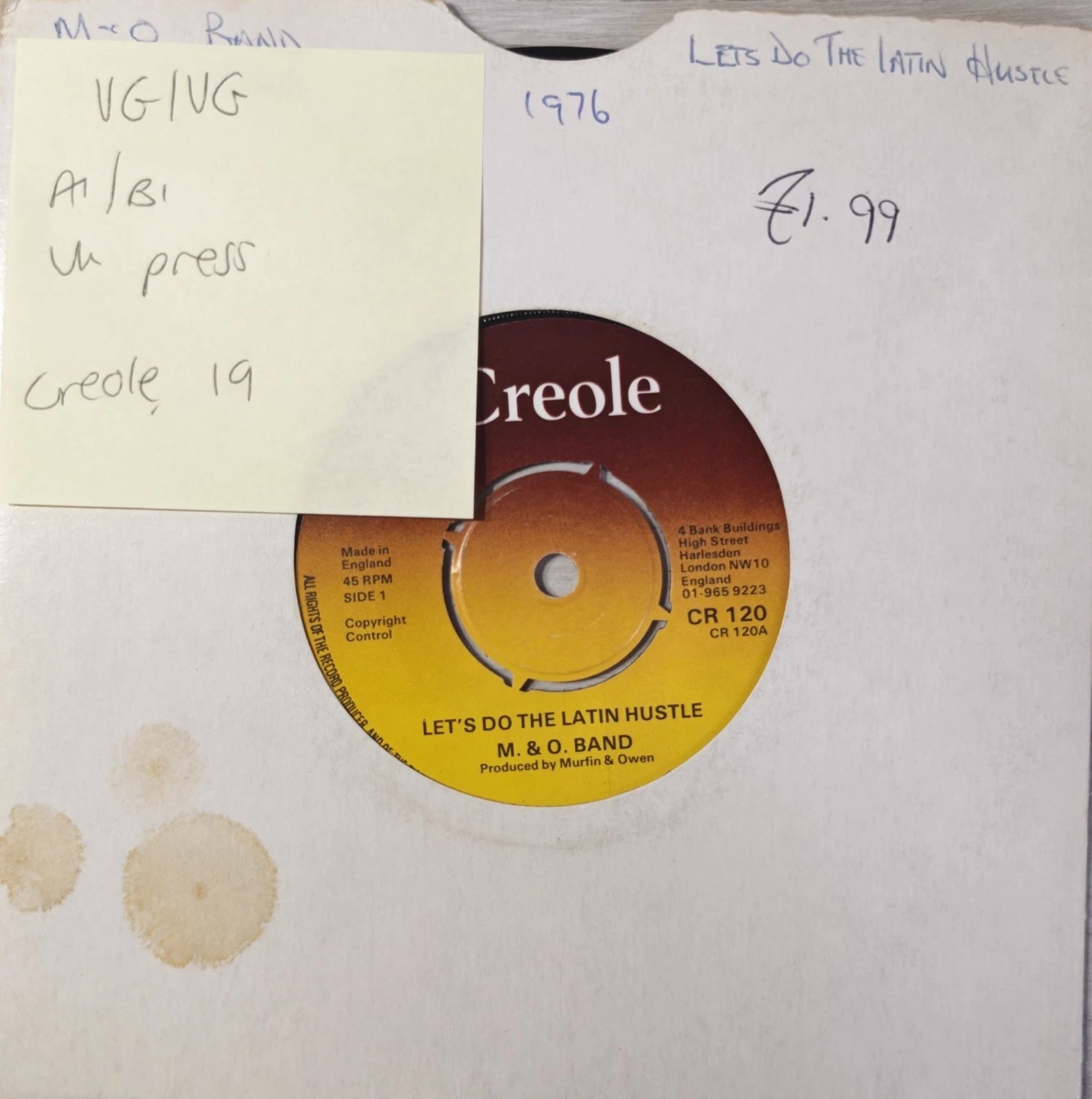 M & O Band Let's Do The Latin Hustle Vinyl Record 7" VG/VG CR 120 1976 sleeve M & O Band Let's Do The Latin Hustle Vinyl Record 7" VG/VG CR 120 1976 sleeve