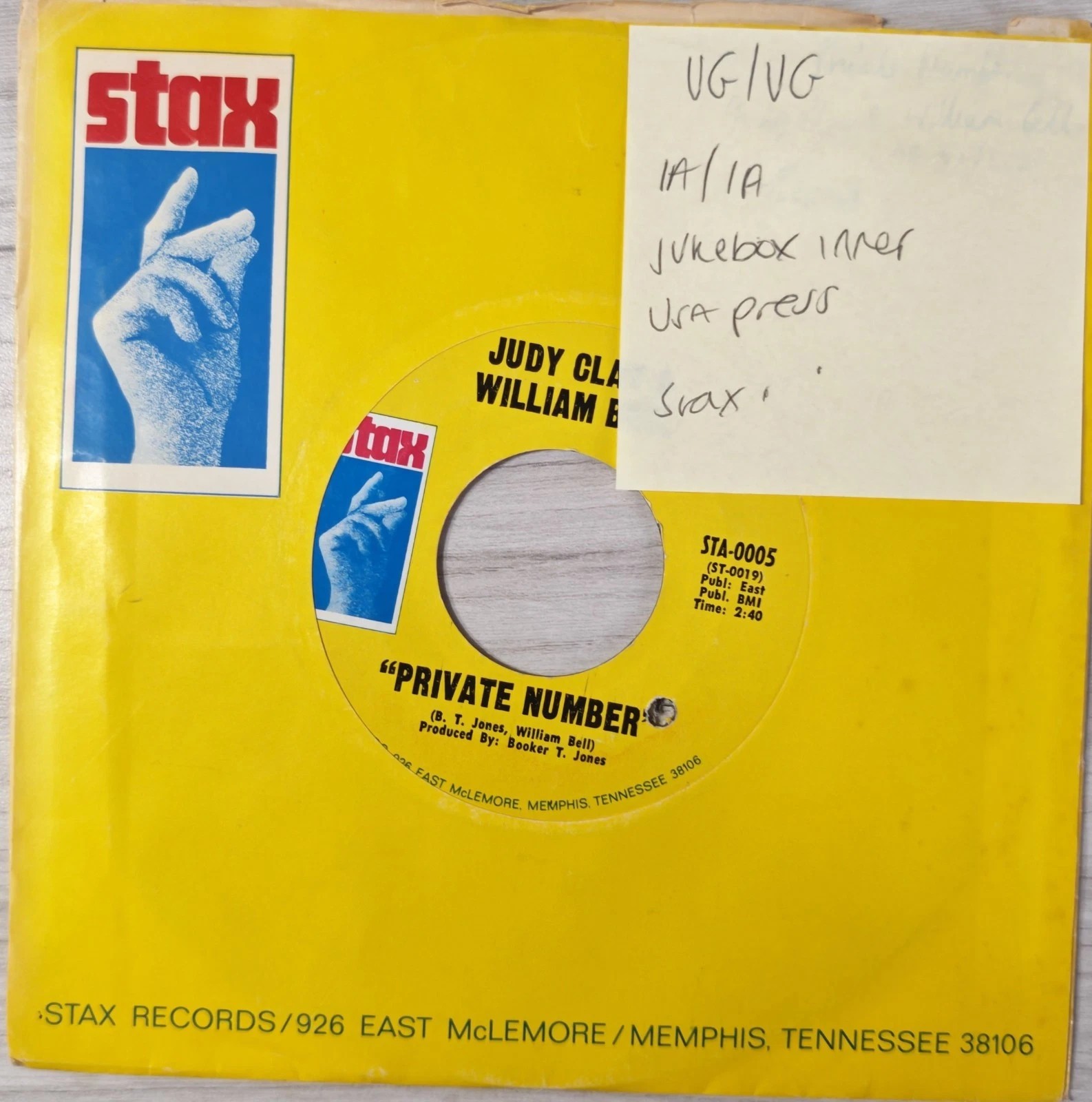 Judy Clay Private Number Vinyl Record 7" VG/VG STA0005 1968 sleeve Judy Clay Private Number Vinyl Record 7" VG/VG STA0005 1968 sleeve