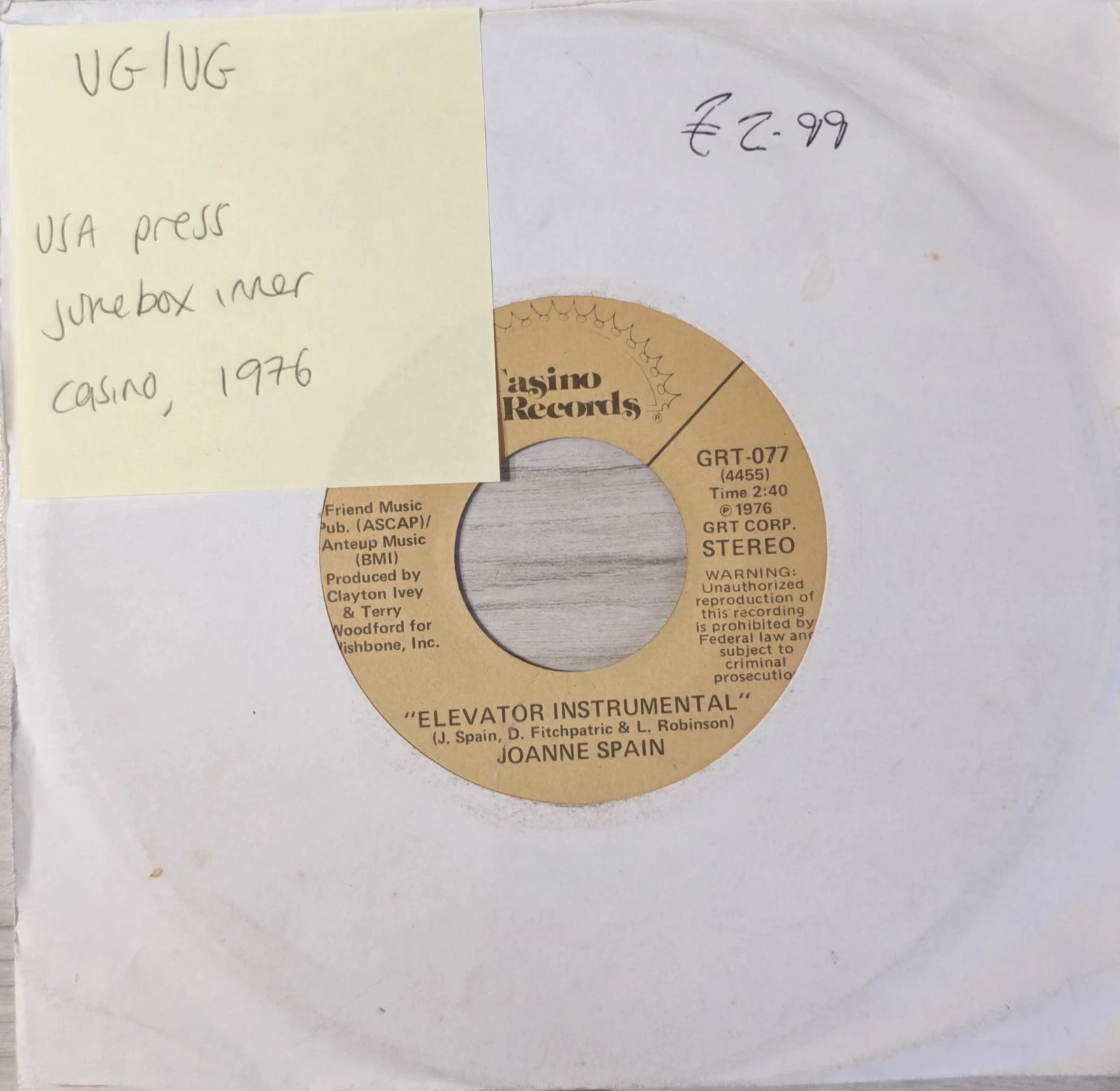 Joanne Spain Elevator Instrumental Vinyl Record 7" VG/VG GRT077 1976 sleeve Joanne Spain Elevator Instrumental Vinyl Record 7" VG/VG GRT077 1976 sleeve