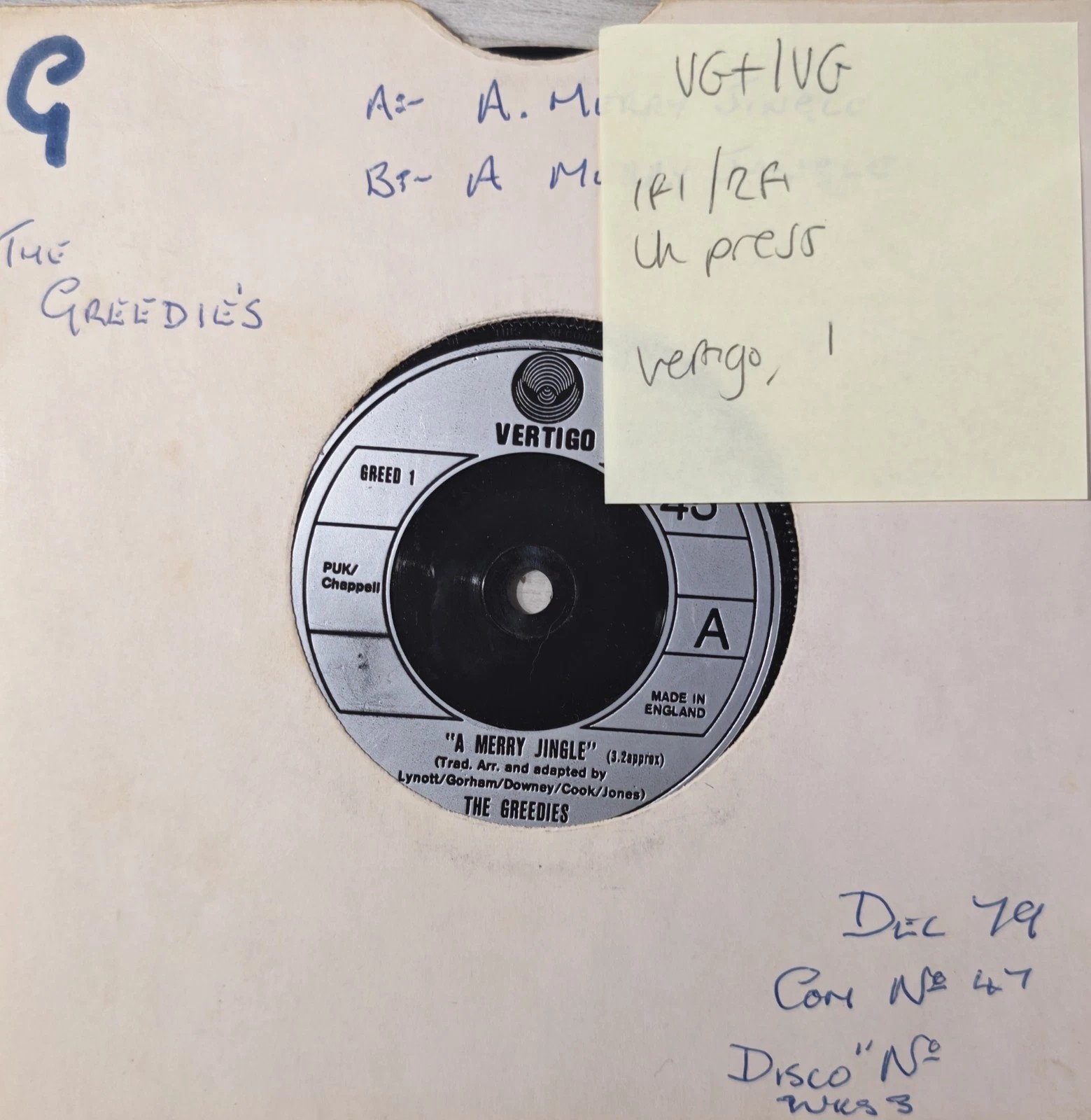 The Greedies A Merry Jingle Vinyl Record 7" VG+/VG GREED 1 1979 sleeve The Greedies A Merry Jingle Vinyl Record 7" VG+/VG GREED 1 1979 sleeve