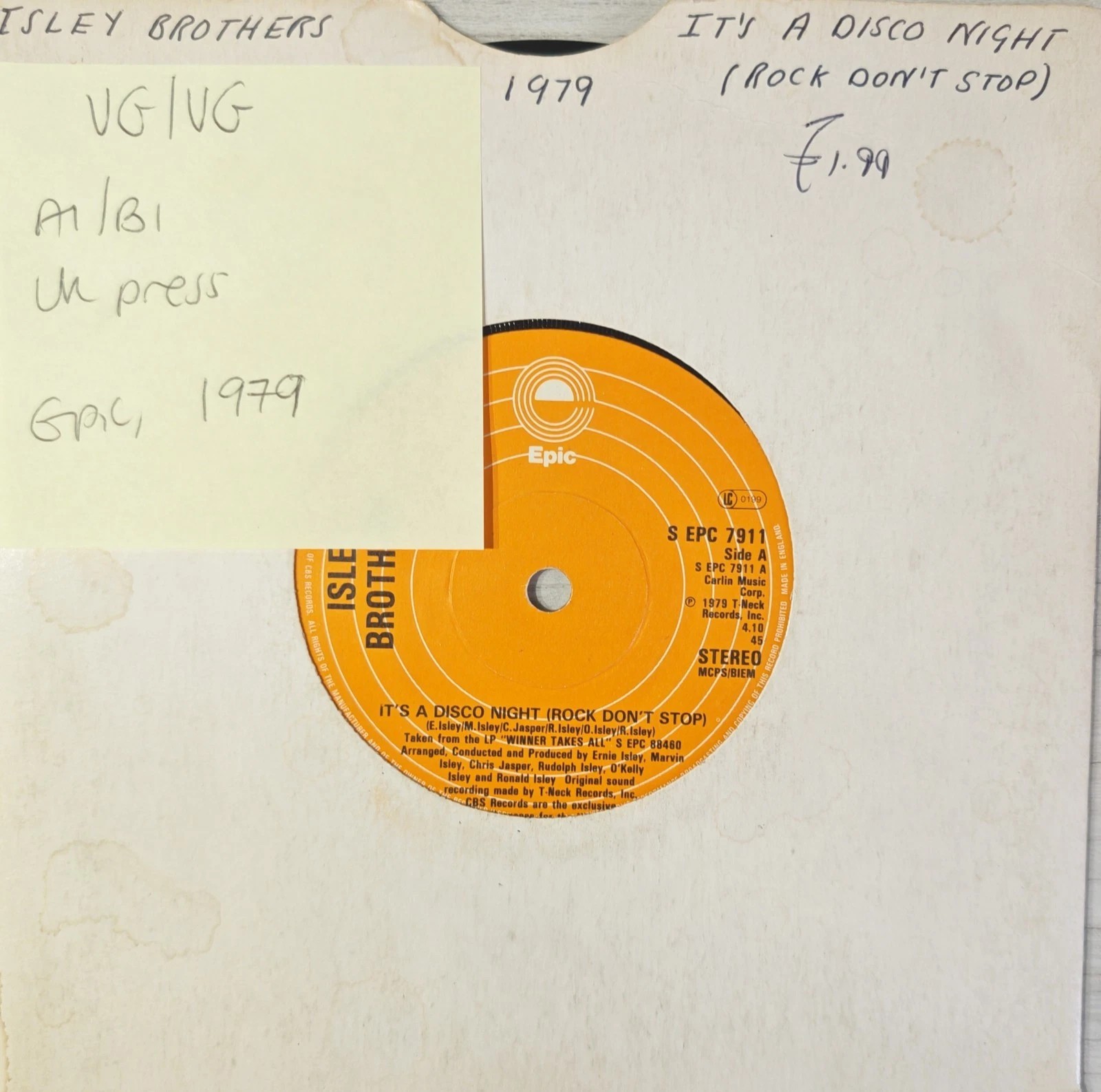 The Isley Brothers It's A Disco Night Vinyl Record 7" VG/VG EPC7911 1979 sleeve The Isley Brothers It's A Disco Night Vinyl Record 7" VG/VG EPC7911 1979 sleeve