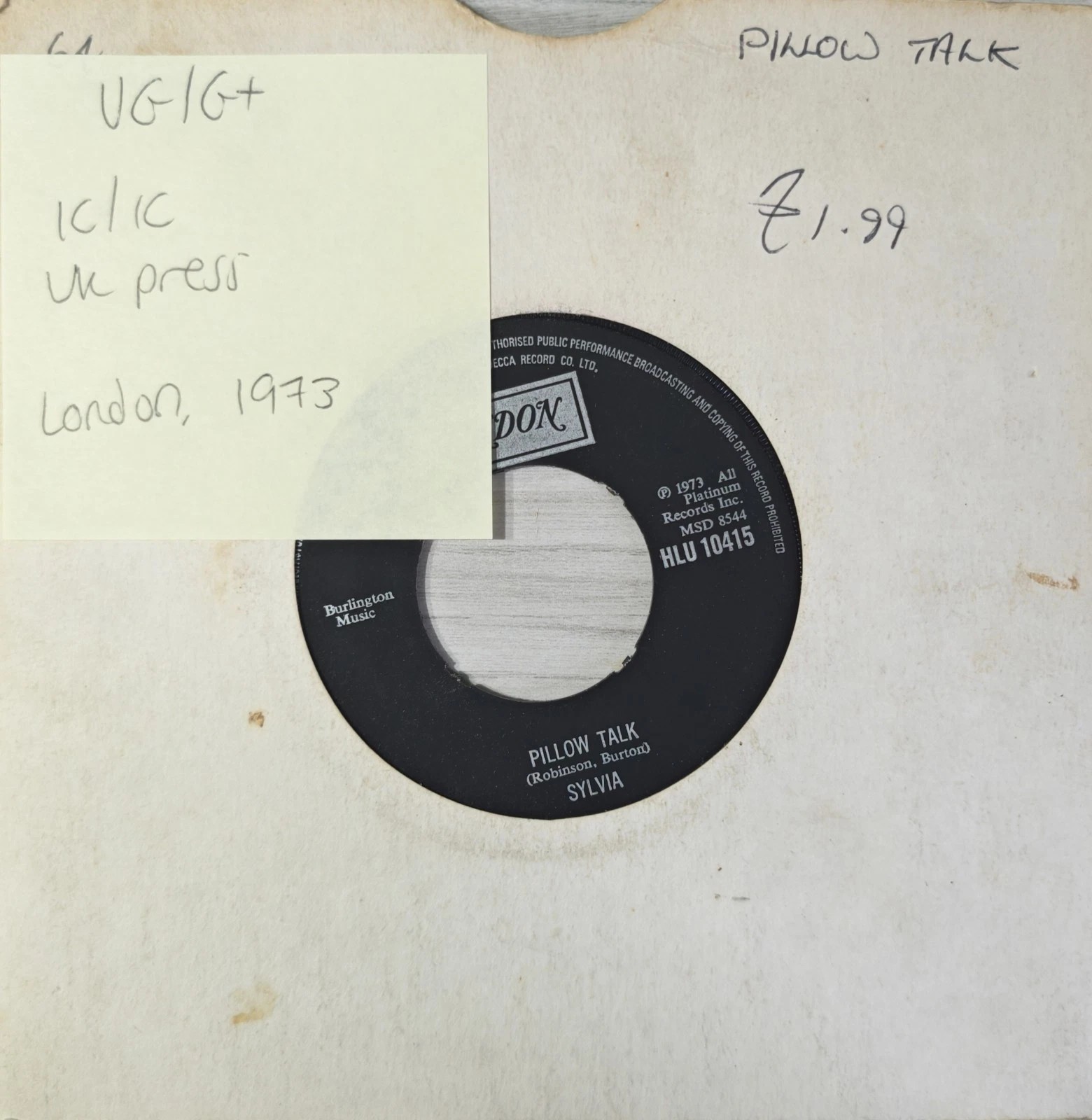 Sylvia Pillow Talk Vinyl Record 7" VG/G+ HLU10415 1973 sleeve Sylvia Pillow Talk Vinyl Record 7" VG/G+ HLU10415 1973 sleeve
