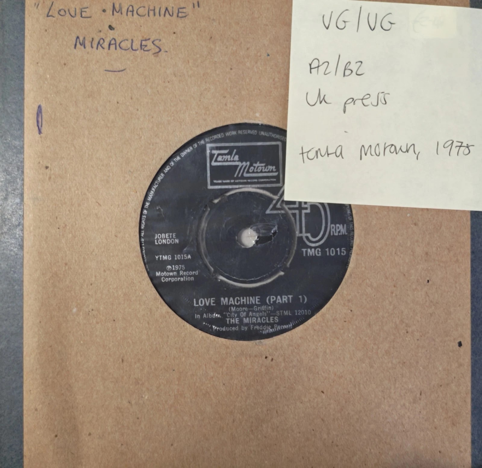 The Miracles Love Machine (Parts 1&2) Vinyl Record 7" VG/VG TMG 1015 1975 sleeve The Miracles Love Machine (Parts 1&2) Vinyl Record 7" VG/VG TMG 1015 1975 sleeve