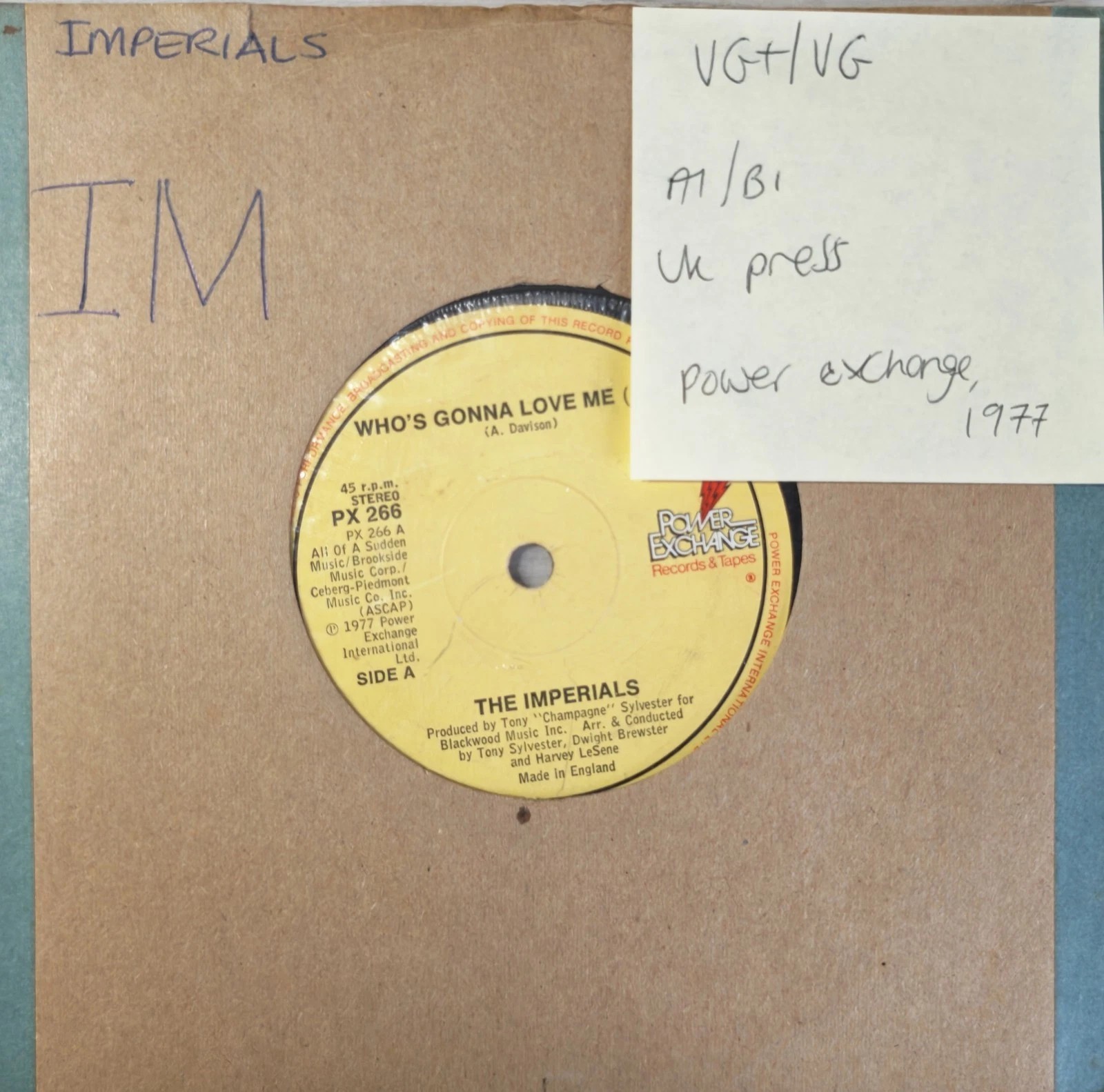 The Imperials Who's Gonna Love Me Vinyl Record 7" VG+/VG PX 266 1977 vinyl record sleeve The Imperials Who's Gonna Love Me Vinyl Record 7" VG+/VG PX 266 1977 vinyl record sleeve