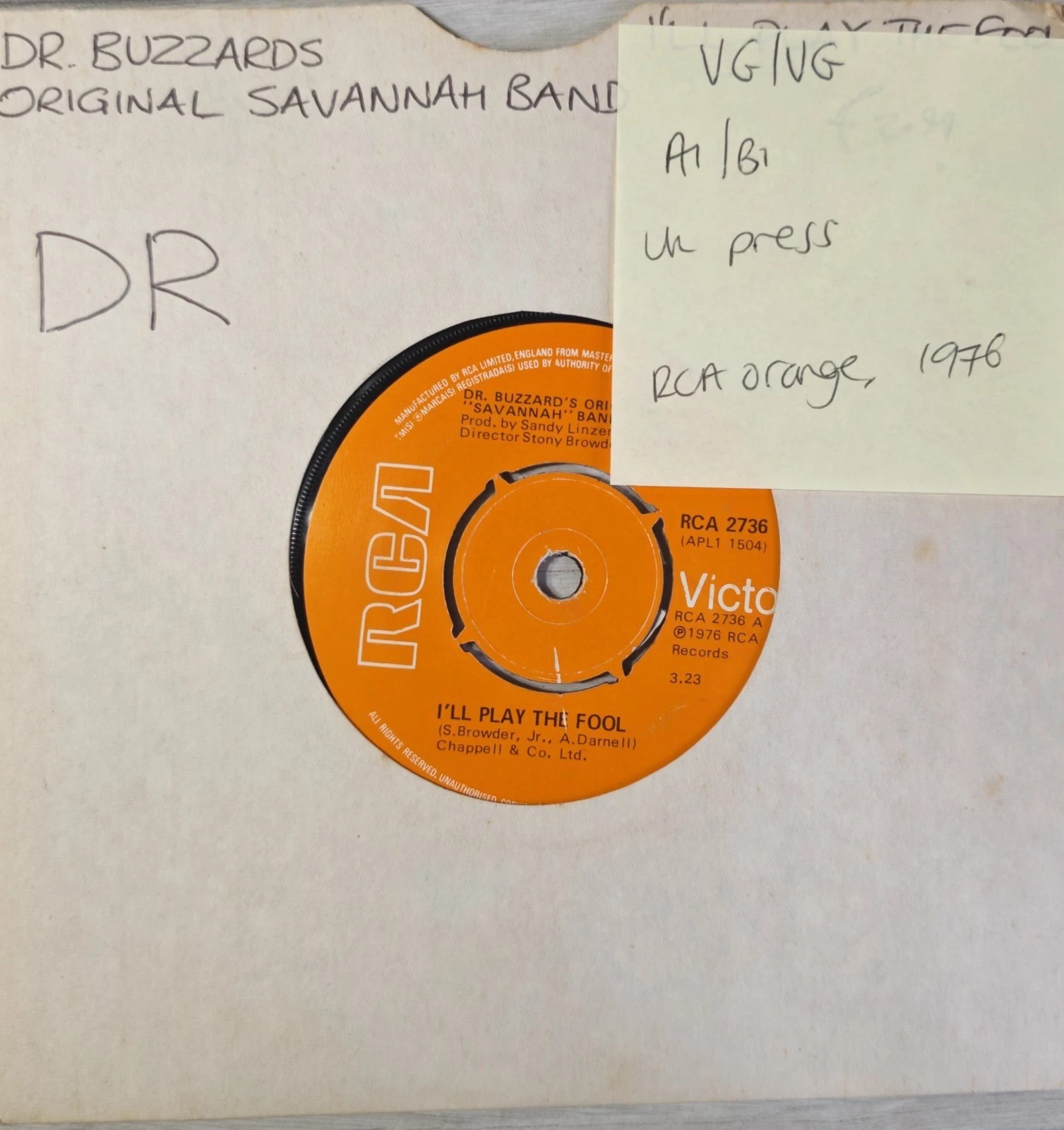 Dr. Buzzard's I'll Play The Fool Vinyl Record 7" VG/VG RCA 2736 197 sleeve Dr. Buzzard's I'll Play The Fool Vinyl Record 7" VG/VG RCA 2736 197 sleeve