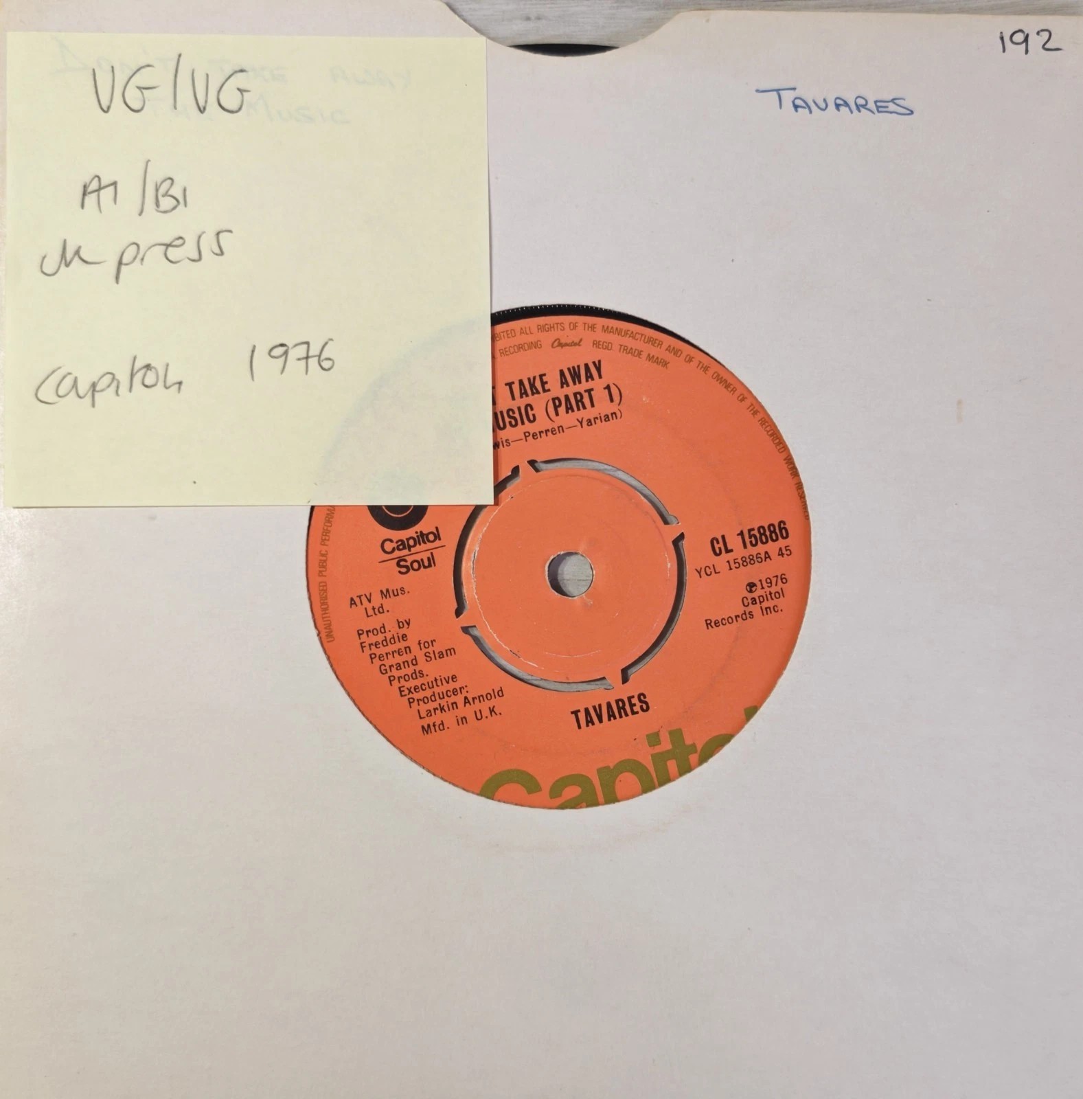Tavares Don't Take Away the Music Vinyl Record 7" VG/VG CL 15886 1976 sleeve Tavares Don't Take Away the Music Vinyl Record 7" VG/VG CL 15886 1976 sleeve