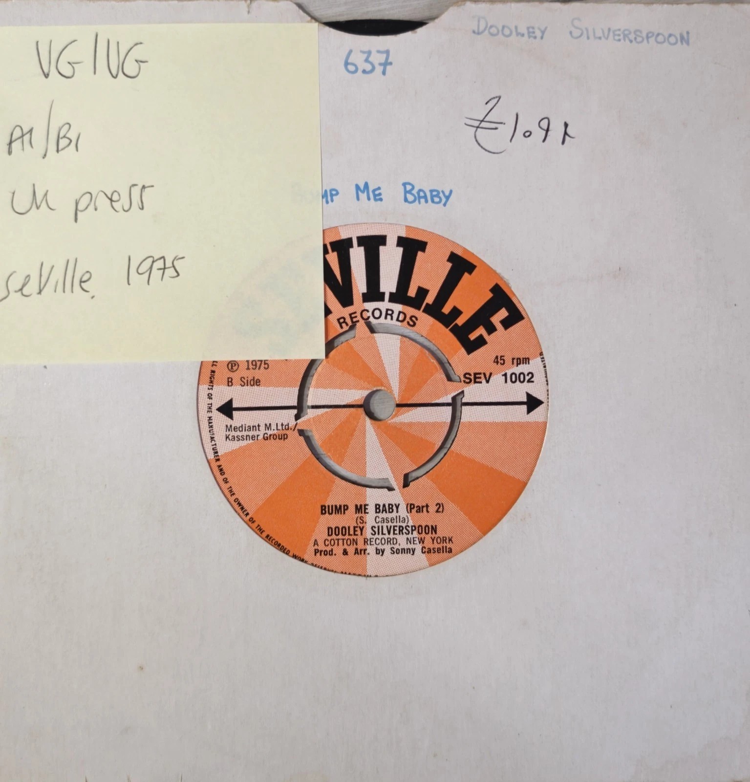 Dooley Silverspoon Bump Me Baby Vinyl Record 7" VG/VG SEV 1002 1975 sleeve Dooley Silverspoon Bump Me Baby Vinyl Record 7" VG/VG SEV 1002 1975 sleeve
