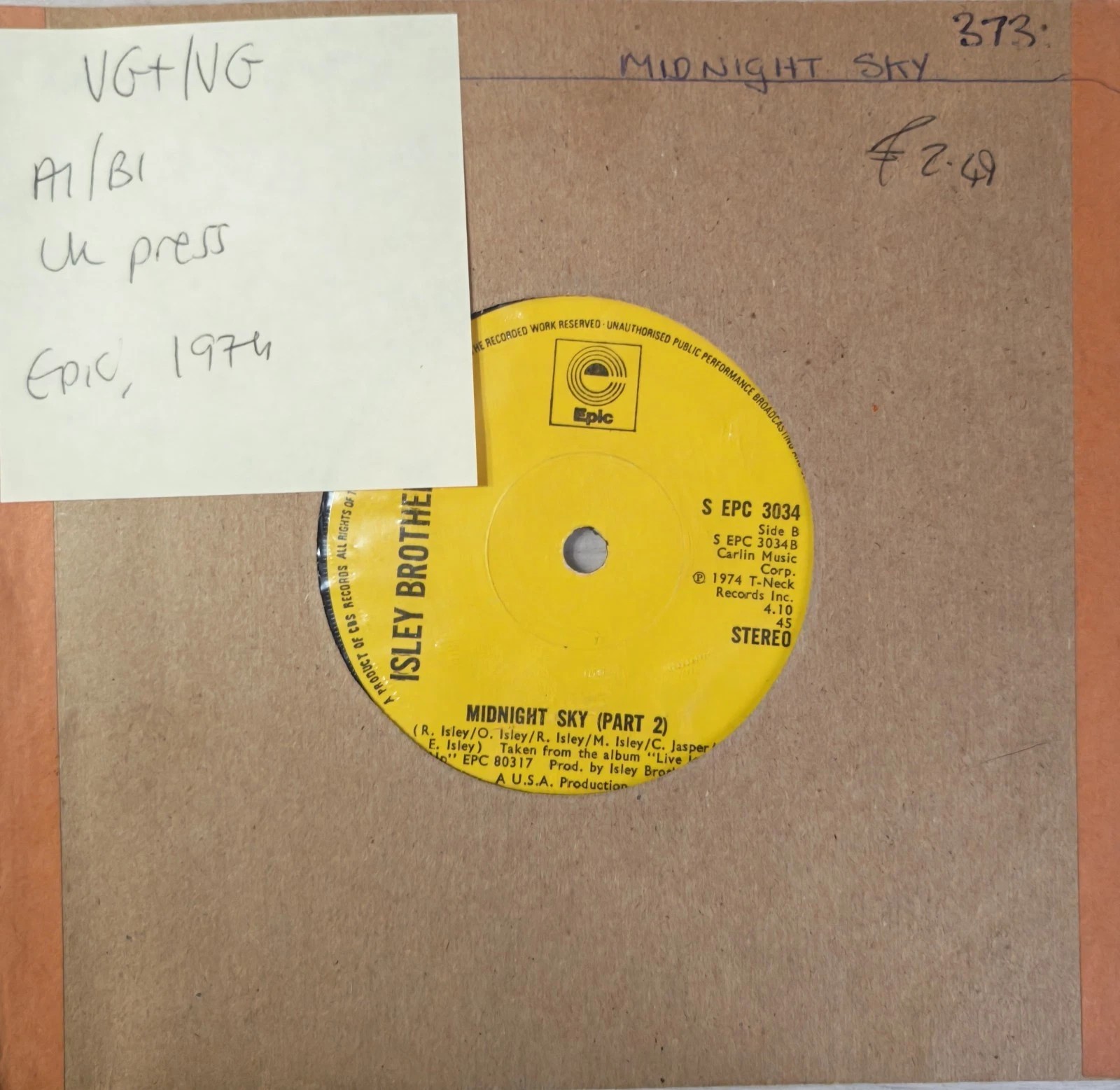 Isley Brothers Midnight Sky Vinyl Record 7" VG+/VG EPC 3034 1974 sleeve Isley Brothers Midnight Sky Vinyl Record 7" VG+/VG EPC 3034 1974 sleeve