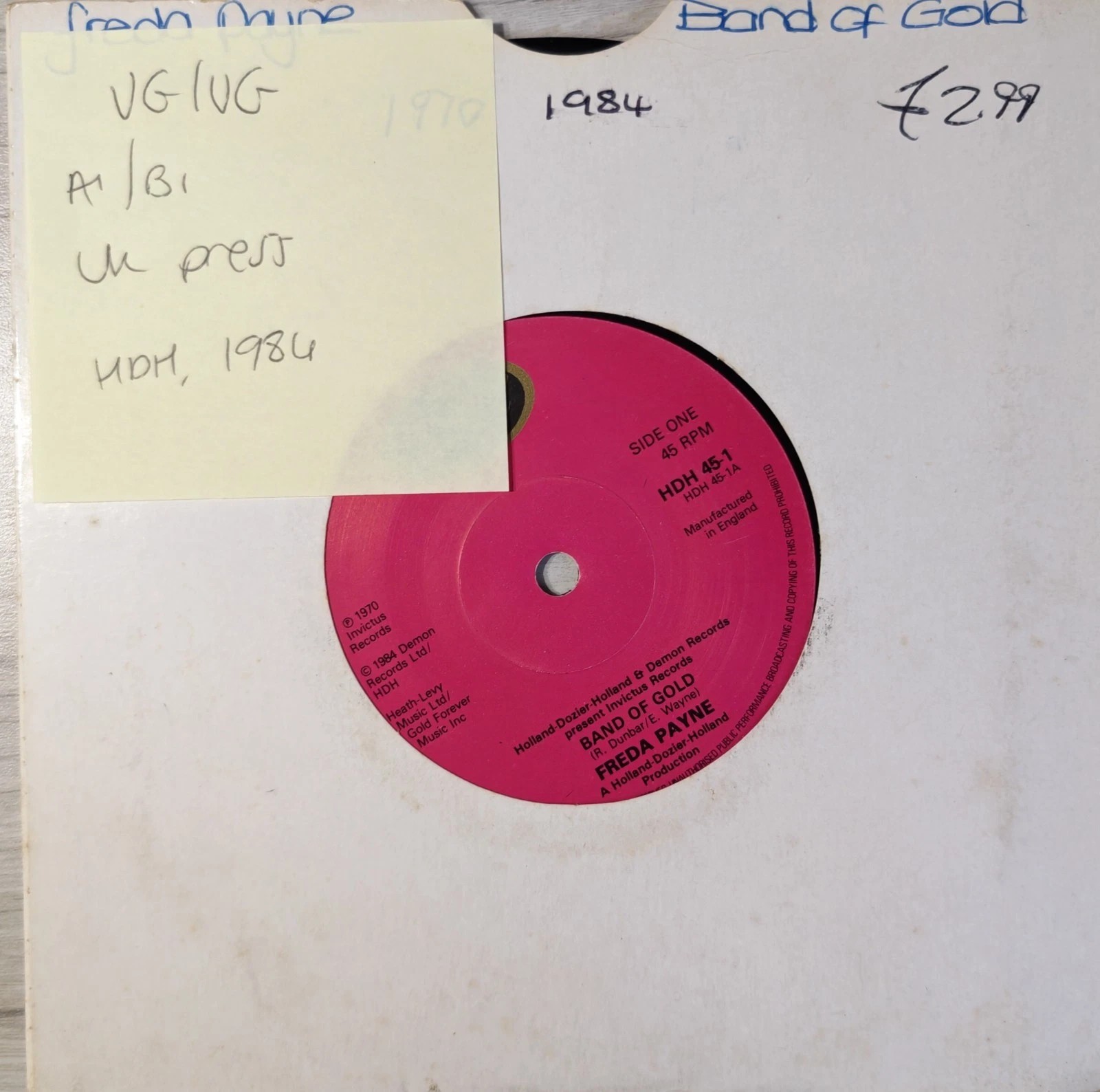 Freda Payne Band Of Gold Northern Soul Vinyl Record 7" VG/VG HDH 45-1 1984 sleeve Freda Payne Band Of Gold Northern Soul Vinyl Record 7" VG/VG HDH 45-1 1984 sleeve