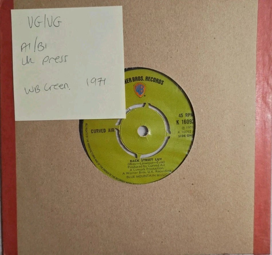 Curved Air Back Street Luv Vinyl Record 7" VG/VG K 16092 1971 sleeve Curved Air Back Street Luv Vinyl Record 7" VG/VG K 16092 1971 sleeve